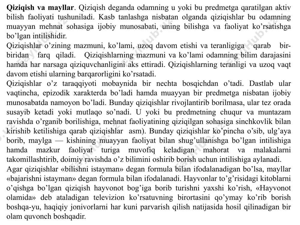 il qilinadigan bir olam quvonch boshqadir. faoliyat ko’rsatish mobaynida kishining mayllari faqat namoyon bo’libgina qolmasdan, shu bilan birga uning mayllari shakllanib ham boradi. shuning uchun mehnatning har xil turi tasodifan duch kelishini kutib o’tirmay, u ishlarga ongli ravishda kirishib ketaverish kerak. faqat turli yo’nalishda olib borilgan aktiv faoliyatgina sizga o’z mayllaringizni bilib olish va sinab ko’rish imkonini beradi. shunday qilib, kasbni barqaror qizikish, maylga muvofik tanlash kerak ekan. qobiliyatlar. bular qiziqish va mayllar bilan mahkam bog’liq bo’ladi hamda odamning kasbga layoqatini ko’rsatuvchi belgilarning ajralmas qismi hisoblanadi. xo’sh, qobiliyatning o’zi nima? odamning biror faoliyat sohasida muvaffaqiyat qozonishiga yordam beradigan har qanday individual psixologik xususiyatni qobiliyat deb hisoblash mumkin. qobiliyatni faqat bilim va malakalardan iborat deb hisoblab bo’lmaydi. masalan, agar odam hidlarning bir-biridan farqini yaxshi bilsa va ularni esda saqlab qola olsa, u holda bunday fazilat ximik uchun, degustator uchun, oshpaz va boshqa shunga o’xshash kasbdagi kishilar uchun juda zarur bo’lgan qobiliyat …