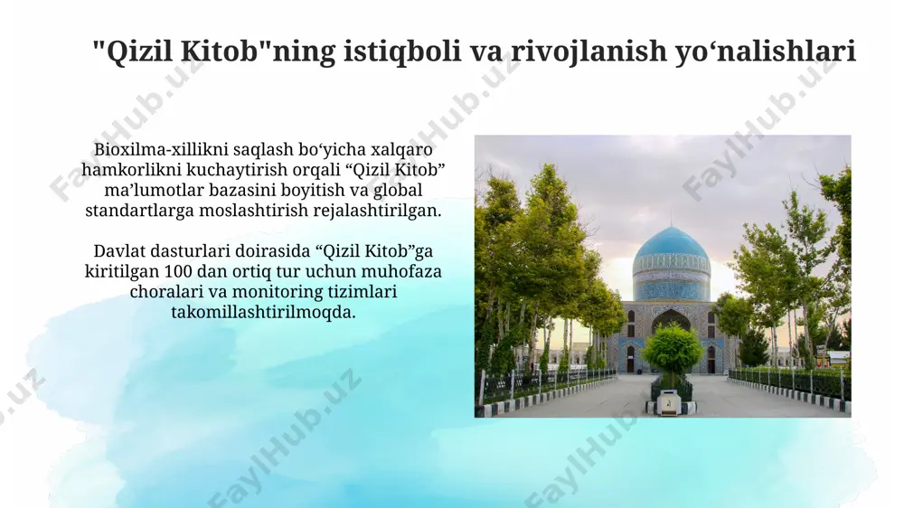 irni kamaytirishga qaratilgan maqsadlarni o'z ichiga oladi. resurslarni tejash va qayta ishlashga oid texnologiyalarni joriy etish orqali, 2025 yilga qadar 20% ga yaqin energiya tejashni ko'zda tutuvchi aniq ko'rsatkichlar belgilangan. ekologik taʼlim va jamoatchilik ongi “ekologik taʼlim va jamoatchilik ongi” boʻlimida taʼkidlanganidek, qayta ishlash zavodlari sonini 2026 yilga kelib 3 barobar koʻpaytirish rejalashtirilgan. davlatning ekologik siyosati samaradorligini baholashda jamoatchilik fikri va ekologik ongni oʻrganish boʻyicha 2023 yilda oʻtkazilgan milliy soʻrovnomalarning natijalari muhim ahamiyatga ega. tabiatni muhofaza qilishning dolzarb muammolari "tabiatni muhofaza qilishning dolzarb muammolari" bo'limida o'zbekistonning 2030-yilgacha bo'lgan davr uchun ekologik rivojlanish strategiyasi va uning 5 ta asosiy yo'nalishi batafsil bayon etilgan. bioxilma-xillikni saqlash va tabiiy boyliklarni 10 yil ichida 20% ga oshirish bo'yicha aniq maqsadlar va ularga erishish mexanizmlari "tabiatni muhofaza qilishning dolzarb muammolari"da ko'rsatilgan. e'tiboringiz uchun rahmat @taqdimot_robot image2.jpg image3.jpg image4.jpg image5.jpg image6.jpg image7.jpg image8.jpg image9.jpg image10.jpg image11.jpg image12.jpg image13.jpg image1.png