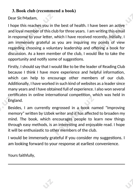 inquiring my points of view regarding the merits of educational system of our country and offering to improve it. as a keen member of the club, i would like to take the opportunity and notify some of suggestions. firstly, i must mention that our government pays great attention to the educational system and for its development. to illustrate, the best opportunity is that it is free of charge that allows all citizens to get general secondary education and even the children in low-income families are supported with uniforms, stationaries and family allowances by government. moreover, school curriculum and syllabus are designed according to the international requirements. alternatively, there are some drawbacks, which are seemed occasionally. i suppose we should increase the number of steam and pisa specialists to develop student’s viewpoint and critical thinking. i would be immensely grateful if you consider my suggestions. i am looking forward to your …