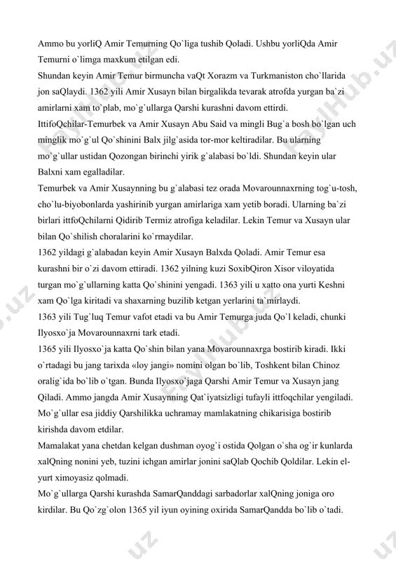 xrga borishlarini man qildi. tug`luq temurxon mo`g`ulistondagi nisozlik va ayrim beklarning isyoni tufayli movarounnaxrni o`g`li ilyosxo`jaga 1360 yil kuzida topshirib o`z yurtiga qaytib ketadi. u ketgandan keyin temurbekning ilyosxo`ja bilan murosasi kelishmay qoladi. xon uni katta amirlikdan chetlatib, qo`shin to`plovchi etib tayinlaydi. bosh amirlik lavozimiga o`zining eski amiri bekchikni tayinlaydi. keyinroq bekchik va xon chorasini topib amir temurni yo`qotish payiga tushadilar. ular tug`luq temurxonga xat yozib, «temur bizga qarshi isyon ko`tardi»,-deb nom ayozadilar. xon bu yolg`on gaplarni chin xisoblab, temurni yo`qotish xaqida yorliq yuboradi. ammo bu yorliq amir temurning qo`liga tushib qoladi. ushbu yorliqda amir temurni o`limga maxkum etilgan edi. shundan keyin amir temur birmuncha vaqt xorazm va turkmaniston cho`llarida jon saqlaydi. 1362 yili amir xusayn bilan birgalikda tevarak atrofda yurgan ba`zi amirlarni xam to`plab, mo`g`ullarga qarshi kurashni davom ettirdi. ittifoqchilar-temurbek va amir xusayn abu said va mingli bug`a bosh bo`lgan uch minglik mo`g`ul qo`shinini balx jilg`asida tor-mor keltiradilar. bu …