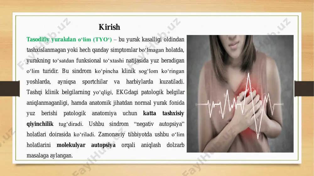 quyilishlar •interstitsial fibroz o‘choqlari •konduksiya tizimida distrofik va atrofiya belgilar •ayrim hollarda yurak vazni ortgan (gipertrofiya) mikroskopik va immunogistokimyoviy topilmalar: •miotsitlar yadrosida kariopiknoz •mitoxondrial shish •sarkolemma fragmentatsiyasi •konduksiya tizimida tolalar degeneratsiyasi •cd3/cd68 markerlar bilan limfotsitar infiltratsiya (ba’zida) 🧬molekulyar autopsiya: •scn5a, kcnh2, cacna1c, ryr2 mutatsiyalari aniqlanishi mumkin •ko‘pchilik holatlarda autopsiyada morfologik sabab aniqlanmaydi •tibbiy hujjatlarda yurak shikoyatlari yo‘q •sud-tibbiy ekspertlar uchun “negativ autopsiya” tashxisiga asos bo‘luvchi hollardan biri •hozirda "molekulyar sud-tibbiy tashxis" rivojlanmoqda •oilaviy tahlillar tavsiya etiladi brugada sindromi (amaliy misol) •genetik bo‘lib, scn5a mutatsiyasi asosida •ekg: st elevatsiya v1–v3 •mikroskopik morfologik belgilar yo‘q •o‘lim tunda, uyquda sodir bo‘ladi •diagnostika: molekulyar genetik tahlil tasodifiy yurakdan o‘lim sindromi – morfologik belgilar bilan har doim aniqlanmaydigan, ammo klinik, genetik va mikroskopik nuqtai nazardan chuqur o‘rganilishi zarur bo‘lgan holatdir. patologik anatomiya bu o‘lim holatlarini aniqlashda asosiy rol o‘ynaydi, biroq bu bugungi kunda molekulyar, immunogistokimyoviy, elektron mikroskopik yondashuvlar bilan boyitilishi kerak. e’tiboringiz uchun rahmat!