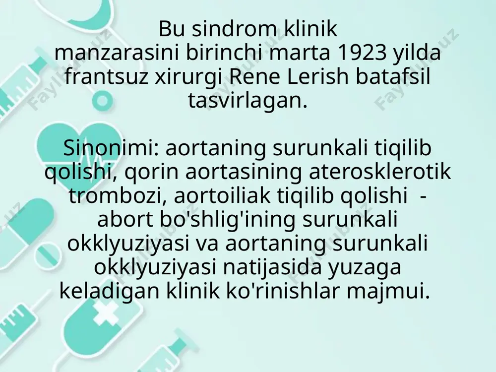 elial shikastlanish va tromboz bilan bog'liq bo'lgan uchta omildan ikkitasiga olib keladi. endotelial shikastlanish yuzaga kelgandan so'ng, natijada yallig'lanish reaktsiyasi silliq mushak hujayralari va makrofaglarda lipidlarning to'planishiga olib keladi, bu esa oxir-oqibat ateroskleroz shakllanishiga olib keladi. oxir-oqibat, aortoiliak segmentlar 50% dan ko'proq stenozga aylanadi, mashqlar paytida kislorod yetishmasligi klaudikatsiyaga (oqsoqlanish) olib keladi. periferik arteriya kasalligi aortoiliak segmentda kengaygandan so'ng, lerish sindromi bo'lgan erkaklarning aksariyati jinsiy olatni arterial oqimining kamayishi natijasida jinsiy quvvatsizlik va jinsiy disfunktsiyani namoyon qiladi. klinikasi ko’zdan kechirilganda oyoq mushaklarining oz-moz gipotrofikligi ma’lum bo’ladi. bemorlarning yarmida teri katlamlari, ayniksa oyoq panjasining ranggi o’zgargan – tsianoz, shish va giperemiya bo’ladi. paypaslab ko’rish panjalarning ikkala arteriyalarida (panjaning orqa arteriyasi va orqa katta boldir arteriyasi) pulsatsiya yo’qligini topishga yordam beradi. odatta taqim osti arteriyasida ham pulsatsiya bo’lmaydi. ko’proq zararlangan tomondagi son arteriyasida ham odatda pulsatsiya bo’lmaydi. ayni vaqti – boshqa periferik arteriyalarning pulsatsiyasini ham aniqlash shart. klinikasi auskultatsiya qorin aortasi zararlanishining …
