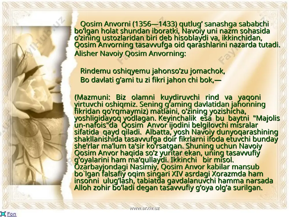 be xariyu in zi xary. (mazmuni: vaysiy bilan sog’ariy makkaga borish uchun tayyorgarlik ko’rgan edilar. lekin ulardan biri eshagim yo’q deb yo’ldan qolgan bo’lsa, ikkinchisi eshaklik qilib bu yo’ldan qoldi.) www.arxiv.uz www.arxiv.uz diqqatga sazovor joyi shundaki, alisher navoiy ikki tilda asarlar yozgan 40ga yaqin shoirlarning nomini "majolis un-nafois"ga kiritgan. bulardan ko’pchiligini, jumladan mavlono hoji abdulhasan, mavlono qutbiy, mavlono naimiy (birinchi majlisdan); mavlono lutfiy, mavlono otoyi, mavlono muqimiy, mavlono sakkokiy, mirhoji sug’diy samarqandiy, mirzobek (ikkinchi majlisdan); mavlono shavqiy, mavlono gadoiylarni (uchinchi majlisdan) nihoyatda hurmat bilan eslaydi navoiy o’zining "majolis un-nafois"ida turkiygo’y shoirlarga ko’p e’tibor beradi. ularning har biri ijodidagi o’ziga xos xususiyatlarni ko’rsatishga harakat qiladi. masalan, mavlono otoyi haqida: "mavlono ko’p turkona aytur erdi",— der ekan, birinchidan, o’zbek tilida she’r aytganini ta’kidlasa, ikkinchidan, badiiy jihatdan ancha durust asarlar yozar edi, demoqchi. mavlono muqimiyning o’zbekcha she’rlari to’g’risida "xele choshnisi bor" deb yozsa, o’zbek tilida yozgan she’rlari, asarlari xalq ommasi orasida keng tarqalganini …