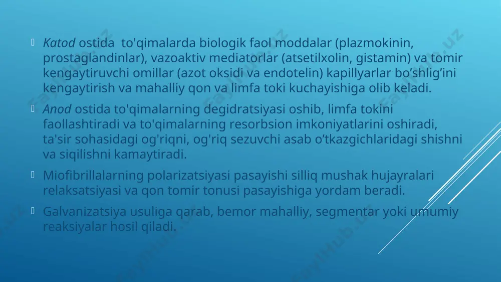 imetilsulfoksidga eritiladi endonazal davomi anion tabiatli [katoddan (-)kiritiladi] dori vositalar metalloidlar ionlari: natriy bromid 2-5%, kaliy yodid 2-5% segmentar natriy xlorid (fosfat) 2-5%, oltingugurt preparatlari (ixtiol 10-30%) mahalliy immunomodulyatorlar: interferonlar- α,-β (1 ampuladagi dori 2 ml suvda eritiladi), timalin (1ml 0,01% li eritma) endonazal yallig’lanishga qarshi: prednizolon (5mg dori distillangan suvda eritiladi) mahalliy antitrombotiklar: geparinning natriyli tuzi 5000-10000 tb mahalliy sitostatiklar: 5-ftoruratsil 1-2% mahalliy davomi har xil guruhga mansub[ har xil qutblardan kiritiladi(+/-)] dorilar analgetiklar: atsetilsalitsil kislota (5-10%- 50%li dmsoga), metamizol (analgin)2-5% mahalliy biogen preparatlar: naftalin, asalari va ilon zahri, bilyarin, aloe ekstrakti (1:3), fibs 0,5-1% endonazal virusga qarshi dori vositalar: interferonlar-α, γ (2 ampula dori 5 ml suvda eritiladi) endonazal balchiqli dorilar: nativ balchiq, balchiqli eritma, peloidin mahalliy bemorga o’tkaziladigan tok zichligi -tok kuchining elektrod maydoniga nisbatiga qarab dozalanadi- bu mahalliy galvanizatsiyada 0,1 ma x sm2 dan 0.01-0.05 ma x sm2 dan oshmaydi. ob'ektiv ko'rsatkichlar (tok zichligi) bilan birga, …