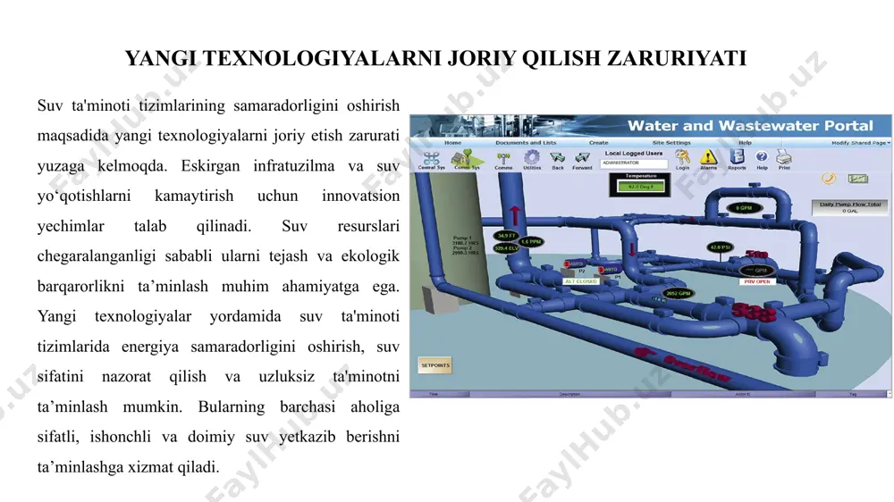 vvatlash moliyalashtirish va qo‘llab-quvvatlash suv ta'minoti tizimlarida yangi texnologiyalarni muvaffaqiyatli joriy etish uchun muhim omillardir. imtiyozli kreditlar orqali fermerlar va korxonalar suv tejovchi texnologiyalarni sotib olish va o‘rnatishda moliyaviy yordam olishi mumkin. bu esa investitsiyalarni rag‘batlantirib, texnologiyalarning kengroq tarqalishiga yordam beradi. davlat tomonidan ajratiladigan subsidiyalar lazerli tekislash va boshqa zamonaviy texnologiyalarni qo‘llashni rag‘batlantiradi. bu moliyaviy qo‘llab-quvvatlash choralari suv resurslarini samarali boshqarish va ekologik barqarorlikni ta’minlashda muhim ahamiyatga ega. xalqaro hamkorlik va tajriba almashish xalqaro hamkorlik suv ta'minoti tizimlarini rivojlantirishda muhim rol o‘ynaydi. xalqaro tashkilotlar va boshqa mamlakatlar bilan hamkorlik qilib, o‘zbekiston yangi innovatsion texnologiyalarni o‘rganish va amaliyotga joriy etish imkoniyatiga ega bo‘ladi. tajriba almashish orqali samarali suv tejash usullari, zamonaviy boshqaruv tizimlari va ekologik barqarorlikni ta’minlash bo‘yicha ilg‘or tajribalar o‘rganiladi. bu hamkorliklar nafaqat texnik, balki moliyaviy va ilmiy sohalarda ham rivojlanishga turtki beradi, suv ta’minotining sifatini oshirish va resurslarni yanada samarali boshqarishda yordam beradi. kelgusi reja va istiqbollar kelgusi reja …