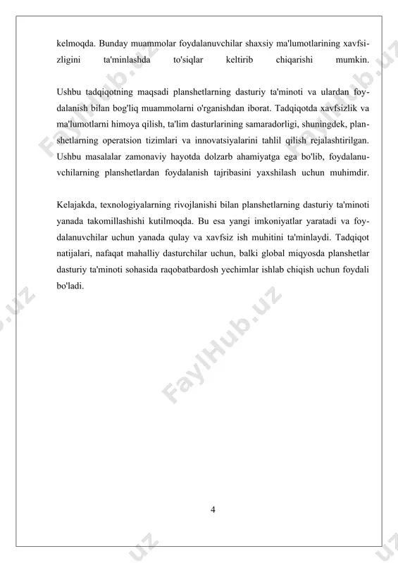 utentifikatsiyani yoqish va shaxsiy ma'lumotlarni faqat ishonchli manbalarda saqlash kabi chora-tadbirlarni ko‘rsatish muhimdir. bundan tashqari, planshetlarda ma'lumotlarni himoya qilishda muhim muammo sifatida kiberhujumlar va viruslar ko‘rinishidagi tahdidlar ham mavjud. kiberjinoyatchilar foydalanuvchilar ma'lumotlarini o‘g‘irlash yoki qurilmalarni nazorat qilish uchun har xil usullardan foydalanadilar. shu sababli, antivirus dasturlarini o‘rnatish, shuningdek, kiberhujumlar va zararli dasturlar ko‘rinishidagi tahdidlarga qarshi o‘z vaqtida yangilanishlar amalga oshirish zarur. antivirus dasturlari foydalanuvchilarga qurilmalarini himoya qilishda yordam berishi mumkin, ammo foydalanuvchilar ham o‘zlarining xavfsizliklarini ta'minlashda faol bo‘lishlari lozim. xulosa qilib aytganda, planshetlar uchun xavfsizlik va ma'lumotlarni himoya qilish masalalari zamonaviy texnologiyalar rivojlanishi bilan birga yanada muhim ahamiyat kasb etmoqda. foydalanuvchilar o‘zlarining shaxsiy ma'lumotlarini himoya qilish uchun operatsion tizim va dasturlarni yangilab turishlari, kuchli parollarni tanlashlari va ehtiyot choralarini ko‘rishlari zarur. shuningdek, kiberhujumlar va viruslar ko‘rinishidagi tahdidlarga qarshi kurashish uchun antivirus dasturlaridan foydalanish ham muhimdir. katta ehtimol bilan, kelajakda planshetlarning xavfsizligi yanada rivojlanadi va yangi texnologiyalar, masalan, kvant shifrlash kabi …