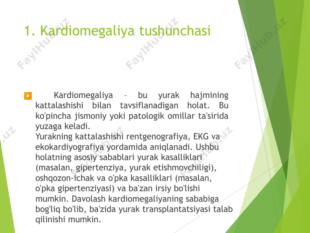 omegaliyaning diagnostikasi bir necha turdagi tibbiy tekshiruvlar orqali amalga oshiriladi. asosiy usullar quyidagilar: rentgenografiya: yurak kattalashishi rentgenogrammada ko'rinadi. ekg: elektrik impulslar yordamida yurak funksiyasi o'rganiladi. ekokardiyografiya: yurakning tasvirini ultratovush yordamida olish usuli. mrt yoki kt: yurak va uning atrofidagi to'qimalar haqida aniq tasvirlar hosil qiladi. 5. differensial diagnostika ▶ kardiomegaliya boshqa yurak va o‘pka kasalliklari bilan aralashishi mumkin, shuning uchun differensial diagnostika o‘ta muhimdir. asosiy farqlarni aniqlash uchun quyidagi kasalliklar bilan solishtiriladi: kardiomiopatiya yallig‘lanishli yurak kasalliklari (miokardit) perikardial effuziya (yurak atrofida suyuqlik to‘planishi) o‘pka kasalliklari (masalan, o‘pka gipertenziyasi) 6. kardiomegaliyaning tasnifi ▶ kardiomegaliya turli tasniflar asosida ko‘rib chiqiladi, bular quyidagilardan iborat: etiologik tasnif: kasallikning kelib chiqishiga qarab (masalan, gipertenziya, valvulyar kasalliklar). anatomik tasnif: yurakning qaysi qismi kattalashganiga qarab (masalan, chap bo‘lak yoki o‘ng bo‘lak). klinik tasnif: kasallikning klinik kechishiga qarab (masalan, simptomatik yoki asimptomatik kardiomegaliya). 7. rentgenogrammalar ▶ kardiomegaliya holatida rentgenogrammalar yordamida quyidagi belgilar aniqlanadi: yurakning umumiy hajmi kattalashishi o‘pka …