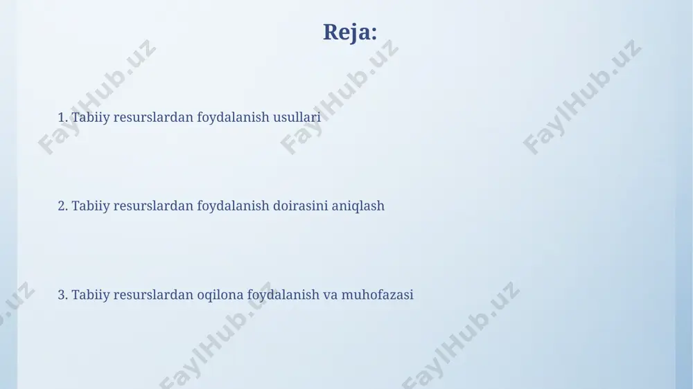 ssaning barqaror foydalanishini ta'minlash va o'rmonlarning regeneratsiyasi jarayonlarini tezlashtirish muhimdir. atrof-muhitni muhofaza qilish va tabiiy resurslar suv resurslarini boshqarishda zamonaviy texnologiyalar, masalan, datchiklar va sun'iy yo'ldoshdan olingan ma'lumotlarni qo'llash suv iste'molini 15% optimallashtiradi. tabiiy resurslardan oqilona foydalanish orqali atrof-muhit ifloslanishini 30% ga kamaytirish va biologik xilma-xillikni saqlash mumkin. tabiiy resurslarni baholash va monitoringi yer osti suvlari monitoringida gidrogeologik o'rganishlar va 50 dan ortiq kuzatuv quduqlari ma'lumotlari yordamida zaxiralar hajmi va sifati aniqlanadi. neft va gaz konlarini baholashda seysmik tadqiqotlar va burg'ilash natijalari, shu jumladan, 3d modellashtirish orqali taxminan 90% aniqlik bilan zaxiralar miqdori aniqlanadi. suv resurslaridan oqilona foydalanish usullari tabiiy resurslardan oqilona foydalanishda 3r (qayta ishlash, qayta ishlatish, qayta tiklash) printsiplariga amal qilish orqali chiqindilarni 70% gacha kamaytirish mumkin va bu atrof-muhitga bo'lgan ta'sirni sezilarli darajada pasaytiradi. energetika samaradorligini 20% oshirish maqsadida energiya tejaydigan texnologiyalarni qo'llash va energiya iste’molini optimallashtirish orqali tabiiy resurslarni tejashga erishish mumkin. mineral resurslarni qazib olish …