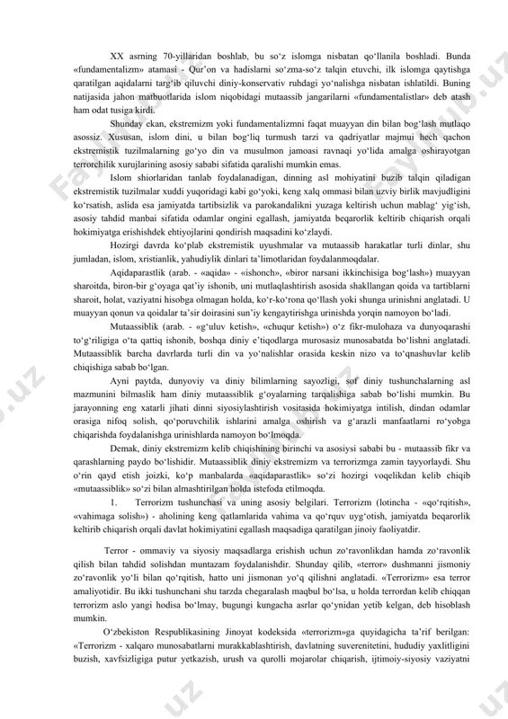 mkin. masalan, mutaxassislar katolik cherkovining erkin fikr yurituvchi, hukmron feodal-katolik cherkovi aqidalarini rad etuvchi kishilar - papa hokimiyati dushmanlarini ta’qib qilish uchun xiii asrda tuzilgan va minglab odamlarning qurbon bo‘lishiga olib kelgan inkvizitsiya faoliyatini ham ekstremizmning o‘ziga xos ko‘rinishi sifatida baholaydilar. ammo hozirda islom dini niqobi ostidagi diniy-siyosiy harakatlar a’zolari tomonidan turli jinoyatlar sodir etilayotgani jamiyat xavfsizligiga jiddiy tahdid solmoqda. fundamentalizm - (lotincha - «asos») tushunchasining ma’nosi muayyan ijtimoiy hodisaning dastlabki ko‘rinishini anglatadi. diniy fundamentalizm - «ma’lum din vujudga kelgan ilk davriga qaytish va bu yo‘l bilan zamonaning barcha muammolarini hal qilish mumkin», degan fikrni ilgari surish ta’limotini anglatadi. istilohda aqidaning o‘zgarmasligini himoya qiladigan, muayyan diniy e’tiqod shakllanishining boshlang‘ich davrida belgilangan barcha yo‘l-yo‘riqlarni qat’iy va og‘ishmay bajarilishini talab qiladigan diniy oqimlarni ifodalashda qo‘llaniladi. «fundamentalizm» atamasi aslida xristian dini bilan bog‘liqdir. fundamentalizm iborasi birinchi bor i jahon urushi arafasida vujudga kelgan protestantlikdagi ortodoksal oqimlarni ifodalash uchun ishlatilgan. bu oqim 1910 yildan …