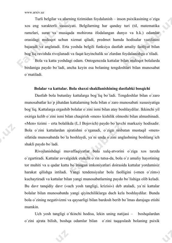 r bilan yangi munosabatlarning paydo bo`lishiga olib keladi. bu davr tanqidiy davr («uch yosh tangligi, krizisi») deb ataladi, ya`ni kattalar bolalar bilan munosabatda yangi qiyinchiliklarga duch kela boshlaydilar. bunda bola o`zining negativizmi va qaysarligi bilan bardosh berib bo`lmas darajaga etishi mumkin. uch yosh tangligi o`tkinchi hodisa, lekin uning natijasi – boshqalardan o`zini ajrata bilish, boshqa odamlar bilan o`zini taqqoslash bolaning psixik rivojlanishida muhim qadamdir. kattalarday bo`lishga intilish faqat o`yin shaklidagina nisbatan to`liq echimini topishi mumkin (faqat o`yinda bola do`konga borishi, tushlik tayyorlashi, raketada kosmosga ucha olishi mumkin). shuning uchun ham uch yosh tangligi bolaning o`yin faoliyatiga o`tishi bilan hal etiladi. bolaning maktabgacha yoshda rivojlanishining psixologik xususiyatlari maktabgacha bolalikda (3 yoshdan 7 yoshgacha) organizmning jadallik bilan voyaga etishi davom etadi. ayniqsa, ikkinchi signal sistemasi jadal rivojlanadi. bolada oddiy majburiyatlar majmui paydo bo`ladi. bolada tengdoshlari bilan ma`lum bir munosabatlarning yuzaga kelishi, «bolalar jamiyati»ning shakllanishi maktabgacha yoshning muhim xususiyati bo`lib hisoblanadi. maktabgacha yoshdagi …