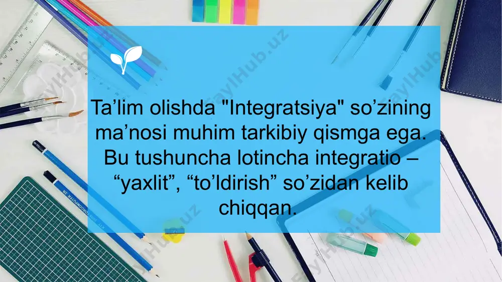iya integratsiya ma’lum bir tarkibiy qismlarga ega : u turli kenglik darajasidagi fanlararo muammolarni qamrab oladi (atrof-muhitni muhofaza qilish, giyohvandlikka qarshi kurashish va boshqalar). munozara, guruhlar tarkibida ishlash, fanlararo reja va loyihalar tuzish va boshqalar. muammoli integratsiya faoliyatga oid integratsiya: amaliy integratsiya: turli jarayon yoki texnik mahsulotlarni har tomonlama ko‘rib chiqish, antibiotiklar, sintetik moddalar, biotexnologiya kompyuterlar va boshqalar. integratsiya – predmetli bilimlar chegarasida yangi tasavvurlarini qabul qilish vositasi. 2 1 3 buyuk britaniya ta’lim tizimida asosan integrativ fanlar joriy qilingan bo‘lsa, koreya va shveytsariyada integratsiyalashgan fanlar vengriyada madaniyat yo‘nalishidagi o‘quv fanlari, irlandiyada fan va texnika kabi bloklarda barcha o‘quv fanlari mujassamlashtirilgan holda o‘qitiladi. bu mezon asosida takomillashtirilgan, zamon talablariga javob bera oladigan dasturlar, o‘quv darsliklari yaratilmoqda. ta’lim muassasalari, xususan, maktablar qayta rekonstruksiya qilinib, zamonaviy andozalar darajasiga tenglashtirilmoqda. e’tiboringiz uchun rahmat! image12.jpg image3.jpg image8.jpg image10.jpg image13.png image14.gif image15.jpeg image9.jpg image11.jpg image2.jpg /docprops/thumbnail.jpeg
