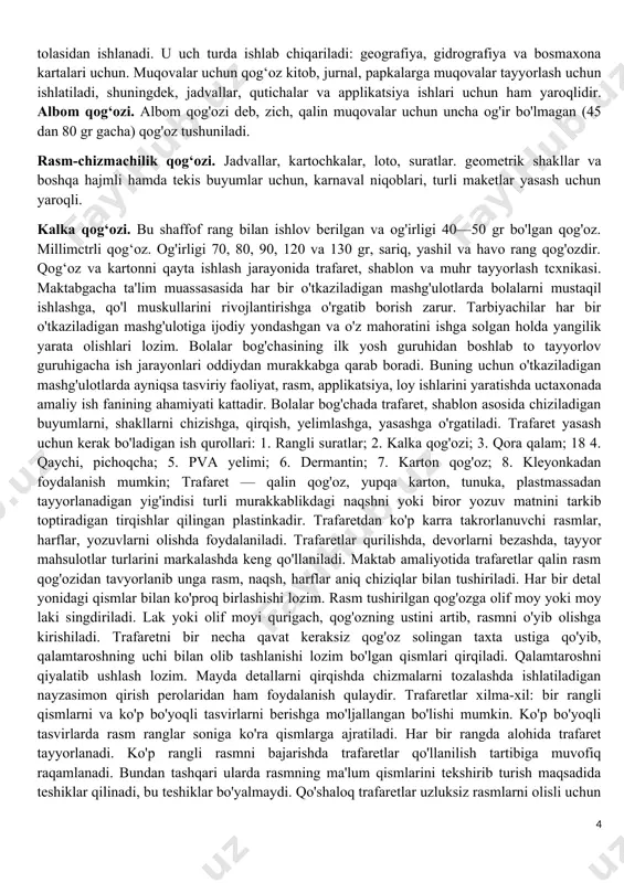 nashr etish uchun ishlatiladi. kartografiya qog‘ozi. bu qog'oz kartalar tushirish uchun mo'ljallangan sellyuloza va yog'och tolasidan ishlanadi. u uch turda ishlab chiqariladi: geografiya, gidrografiya va bosmaxona kartalari uchun. muqovalar uchun qog‘oz kitob, jurnal, papkalarga muqovalar tayyorlash uchun ishlatiladi, shuningdek, jadvallar, qutichalar va applikatsiya ishlari uchun ham yaroqlidir. albom qog‘ozi. albom qog'ozi deb, zich, qalin muqovalar uchun uncha og'ir bo'lmagan (45 dan 80 gr gacha) qog'oz tushuniladi. rasm-chizmachilik qog‘ozi. jadvallar, kartochkalar, loto, suratlar. geometrik shakllar va boshqa hajmli hamda tekis buyumlar uchun, karnaval niqoblari, turli maketlar yasash uchun yaroqli. kalka qog‘ozi. bu shaffof rang bilan ishlov berilgan va og'irligi 40—50 gr bo'lgan qog'oz. millimctrli qog‘oz. og'irligi 70, 80, 90, 120 va 130 gr, sariq, yashil va havo rang qog'ozdir. qog‘oz va kartonni qayta ishlash jarayonida trafaret, shablon va muhr tayyorlash tcxnikasi. maktabgacha ta'lim muassasasida har bir o'tkaziladigan mashg'ulotlarda bolalarni mustaqil ishlashga, qo'l muskullarini rivojlantirishga o'rgatib borish zarur. tarbiyachilar har bir o'tkaziladigan …