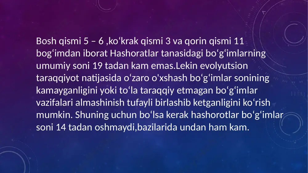 ae oilasi.bular ham jamoa boʻlib yashaydi, lekin ular jamoasi faqat bir mavsum uchun xosdir qishlab qolgan urg’ochi individ in yasaydi.shu yilgi ariqlar hamma vazifalarni va yosh avlodga qarash ishlarini bajaradi.yoz fasli oxiriga borib paydo boʻlgan individ shu yilgi urg’ochi individlarni urugʻlantirgandan so‘ng ishchi individlar kabi nobud boʻladi. chumolilarga qarshi kurashish. yalpiz chumolilar va chivin kabi boshqa hasharotlarni samarali daf eta oladigan ajoyib vositadir. yalpizdan qanday foydalanish kerak? 1. 19-20 tomchi yalpiz efir moyini 2 stakan suv bilan aralashtiriladi. 2. aralashma uy plntus va derazalari atrofiga sepiladi. 3. suyuqlik qurigach oldingi jarayon yana takrorlanadi. qattiq qanotlilar yoki qoʻngʻizlar turkumi- coleoptera.qoʻngizlarni 250 mingga yaqin turi ma’lum,xarakterli xususiyatlari-ularning birinchi juft qanotlari qattiq qanot-qalqonlarga yoki elitralarga aylanganligi boʻlib,tinch holatda orqa tomonga yopishib turadi va ularning ostida buklangan ikkinchi juft parda qanotlar joylashadi.ogʻiz apparati kemiruvchi tipda,lichinkalari chuvalchangsimon yoki kampodeosimon gʻumbagi erkin,harakatsiz. qoʻngʻizlarning ust koʻrinishi va katta –kichikligi juda turli tuman. kattaligi 0.3- 1 mm( masalan …