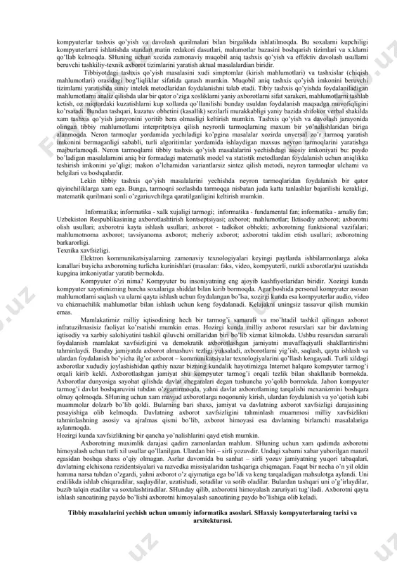 ntlashtiruvchi jaxon standartlariga rioya kilish; -informatika industriyasini mujassamlashtirish va rivojlantirish; -axborotlar texnologiyasi soxasidagi fundamental tadkikotlarni ragbatlantirish va qo’llab-quvvatlash; -informatika vositalari foydalanuvchilarini tayyorlash tizimini muvofiklashtirish. axborot haqida tushuncha xozirgi davrni informatikasiz tasavvur etib bulmaydi. axborot texnologiyalari bugungi kunda xayotimizning xamma soxalarini kamrab olgan. informatika soxasining asosiy resursi - axborotdir. axborot atrof-muxit obhektlari va xodisalari, ularning ulchamlari, xosiyatlari va xolatlari tugrisidagi mahlumotlardir. keng mahnoda axborot insonlar urtasida mahlumotlar ayriboshlash, odamlar va kurilmalar urtasida signallar ayriboshlashni uziga mujassamlashtirgan umummilliy tushunchadir. informatika fani axborotga bizning atrof-muxit xodisalari yoki obhektlari tugrisidagi tasavvurlarimizni uzgartiruvchi, uzaro kontseptual boglik mahlumotlar, ko’rsatkichlar, negizlar tushunchalar sifatida karaydi. informatikada axborot bilan bir katorda mahlumotlar tushunchasi xam keng kullaniladi. mahlumotlarga u yoki bu sabablarga kura foydalanilmaydigan, balki fakat saklanadigan belgilar yoki yozib olingan kuzatuvlar sifatida karash mumkin. agar bu mahlumotlardan biror narsa tugrisidagi mavxumlikni kamaytirish uchun foydalanish imkoniyati tugilsa, mahlumotlar axborotga aylanadi. shuning uchun axborotni foydalanadigan mahlumotlar, deb atasa xam buladi. masalan, …