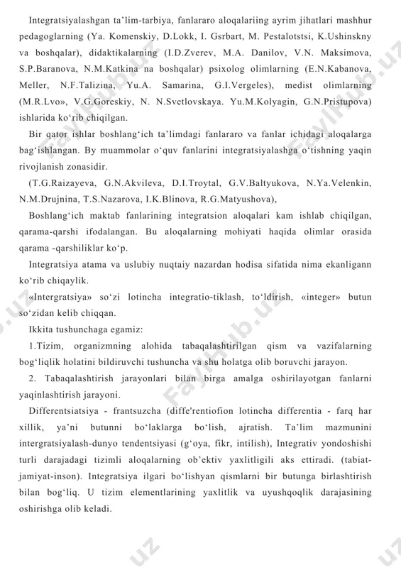 rajasiga birlashgirish xususiyatiga qarab tasniflaydi). tabiat yoki predmet haqidagi eng oddiy bilimlarni hosil qiluvchi bog‘liqlikning eng soddasi ma’lum bir joy yoki tushuncha bilan chegaralangan lokal tasavvurdir. bu bog‘liklik boshqa bilimlardan nisbatan ajralgan, shuning uchun eng oddiy aqliy faoliyatni ta’minlaydi. bu kichik maktab yoshiga xos. biror bir tizimga tegishli bo‘lgan tasavvurlar eng solda tizimli tasavvurlardmr. ular biror bir mavzu, predmet yoki hodisani o‘rganishi asosida hosil bo‘ladi. biror bir predmetni bilish yangi fakt va tushunchalarming tanlanishi ularni bir bilimlar bilan taqqoslanishi orqali amalga oshiriladi. bilimlarning eng odliy umumlashtirish sodir bo‘ladi, lekin olingan bilim hamma unga yaqin bo‘lgan bilimlar bilan bog‘lansa edi. bunda o‘quuvchilarning tahlil qilish va umumlashtirtl faoliyatlari vujudga keladi. tizim ichidagi tasavvurlar o‘quvchilarning butun bir fanlar bilishini ta’minlaydi. (fizikaviy, kimyoviy, biologik, bilimlar tizimi) o‘rganilayotgan fan doirasida bilimlardai keng foydalanish kuzatiladi. tizim ichidagi tasavvurlar, vaqt, muhit, son bog‘lanishlari aks ettnradn. predmetlararo tasavvurlar aqliy faoliyatining eng yuqori pog‘onasi hisoblanadi. ular bilimlarning turli tizimlarini …