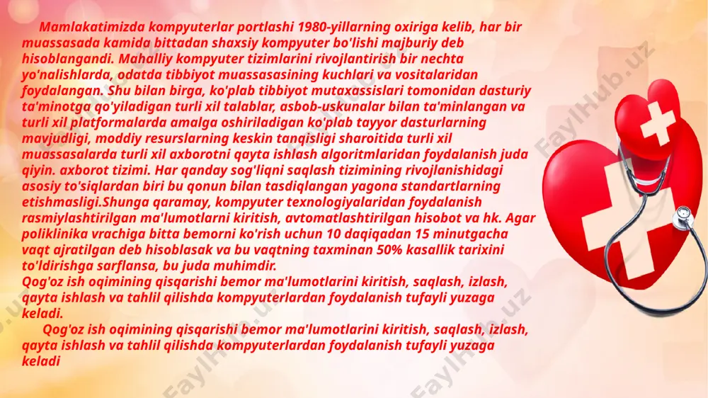 ls/slide19.xml.rels ppt/slides/_rels/slide2.xml.rels ppt/slides/_rels/slide20.xml.rels ppt/slides/_rels/slide3.xml.rels ppt/slides/_rels/slide4.xml.rels ppt/slides/_rels/slide5.xml.rels ppt/slides/_rels/slide6.xml.rels ppt/slides/_rels/slide7.xml.rels ppt/slides/_rels/slide8.xml.rels ppt/slides/_rels/slide9.xml.rels [content_types].xml bemor axborot tizmidan foydalanish style.visibility style.rotation ppt_w ppt_w ppt_h ppt_x ppt_y ppt_y style.visibility style.rotation ppt_w ppt_w ppt_h ppt_x ppt_y ppt_y style.visibility style.visibility ppt_x ppt_y tibbiy muassasalar darajasidagi tibbiy axborot tizimlari . sog'liqni saqlashga axborot tizimlarini joriy etish muammosining dolzarbligi , avvalo , sog'liqni saqlashni boshqarish jarayonlarining samaradorligini , aholiga ko'rsatiladigan tibbiy yordam sifatini oshirish zarurati bilan belgilanadi . o'tgan asrning 70-yillari o'rtalariga qadar axborotlashtirishning rivojlanishi sog'liqni saqlash tizimining axborot texnologiyalaridan foydalanishda o'sib borayotgan ehtiyojlaridan orqada qolib ketdi , shundan so'ng tibbiy maqsadlar uchun kompyuter tizimlarini yaratish bo'yicha ishlarning kuchayishi va tezlashishi paydo bo'ldi . kasalxonalar bo'limlari va kichik ma'muriy bo'linmalar mahalliy axborot tizimlarini yaratish uchun kompyuter uskunalarini sotib olish imkoniyatiga ega bo'ldilar , ammo bizning mamlakatimizda tibbiy avtomatlashtirilgan tizimlarni yaratishga urinishlar ommaviy foydalanishni ta'minlamagan kompyuterlarga tayanib , shuning uchun keyingi nusxalashni nazarda tutmadi . ushbu tizimlarning ishlashini ta'minlash va …