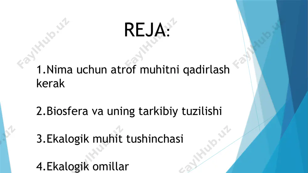 biosfera haqida ta’limot yaratildi va juda tezlik bilan rivojlandi biosfera tarkibiga atmosferaning quyi qatlamlari, ya’ni 15-20 km balandlikkacha bo‘lgan troposfera va stratasferaning pastki qismi, dunyo okeanining eng chuqur botiqlari (11 km), litosferaning yuqori yer yuzasidan 4,5 km gacha bo‘lgan chuqurlik qismlari kiradi. bu chuqurlikdagi neft qatlami suv tarkibida hamda yuqorida ozon ekranigacha bo‘lgan chegaralar oralig‘ida tirik mikroorganizmlar uchraydi. inson ham biosferaning tarkibiy qismidir. buyuk olim j.b.lamark (1744-1829) yer po‘stining shakllanishi va rivojlanishida tirik organizmlarning o‘rni juda katta ekanligini ko‘rsatgan. olimning ta’rificha, yer yuzasidagi va uning po‘stlog‘ini tashkil qiluvchi barcha narsalar tirik organizmlarning uzluksiz harakati tufayli hosil bo‘lgan. biosfera haqidagi ma’lumotlar botanika, tuproqsh biosfera tabiatning aniq tizimi bo‘lib, uning borligi energiya va moddalar aylanishi tirik organizmlar ishtirokida kechishini ko‘rsatadi. nemis fiziologi pfefr (1845-1920) biosferani 35 tushunishning aniq yo‘lini uch xil tirik – avtotrof, geterotrof, miksotrof organizmlar bilan ko‘rsatadi: -avtotrof organizmlar tabiatdagi anorganik moddalarni iste’mol qiladi; -geterotrof organizmlar past molekulali organik birikmalarni …