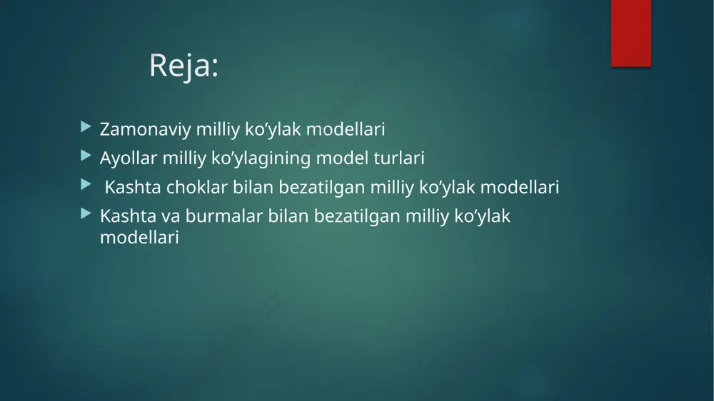 q (biserlar)lar bilan bezab tikish mumkin. burmalar modelga binoan asosiy gazlamadan, bezak gazlamadan, kontrast rangli gazlamadan yoki gazlama gullari ranglaridan biri aks etgan sidirg’a gazlamadan bichilgan bo’lishi mumkin. qo’yida turli bichimdagi ba shakldagi zamonaviy milliy ko’ylak namunalarini tabsifini keltiramiz. munchoqlar bilan bezatilgan milliy ko’ylak modellari . bufflar va burmalar bilan bezatilgan milliy ko’ylak modellari.. kashta va burmalar bilan bezatilgan milliy ko’ylak modellari 2, 3- rasmlarda milliy ko’ylak koketkalarining turli tuman ko’rinishdagi yoqa o’mizlari va bichimlarini tavsiya etamiz. bu turli ko’rinishdagi koketkalarni kishi gavdasi, yoshi, gazlama turiga binoan hamda, kiyilish joyiga qarab tanlanishi shart. ko’pincha yosh xotin qizlarimiz murakkab, bejirim bichimdagi koketka turlarini tanlashadi. chunki yoshlar xar doim go’zallikka, qiziqarli yechimlarga ega bo’lgan kiyimlarni kiyimlarni tanlashadi. bu ularni qiziqqonligidan, yoshligidan dalolat beradi. agar gazlama elastik, cho’zilubchan bo’lsa koketka o‘tkir burchakli bo’lmasligi kerak. chunki unga qanchalik qotirmalik gazlama yopishtirilmasin, burchaklari egilib chiroyli ko’rinish bermaydi. qattiq, mustahkam o‘rilishdagi gazlamalarga esa qanchalik koketka murakkab …