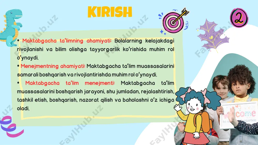 rni joriy etish: taʼlim jarayoniga innovatsiyalarni joriy qilish, zamonaviy oʻquv uslublari va texnologiyalaridan foydalanish. maktabgacha taʼlim menejmenti jarayonimaktabgacha taʼlim menejmenti jarayoni rejalashtirish: taʼlim jarayonini rejalashtirish, maqsad va vazifalarni belgilash, resurslarni taqsimlash. tashkil etish: taʼlim jarayonini tashkil etish, oʻqituvchilarni tayyorlash, bolalarni guruhlarga ajratish, oʻquv resurslarini taqsimlash. boshqarish: taʼlim jarayonini boshqarish, oʻqituvchilarning ishini nazorat qilish, bolalarning rivojlanishini kuzatish, muammolarni hal qilish. maktabgacha taʼlim menejmenti turlarimaktabgacha taʼlim menejmenti turlari stratejik menejment: muassasaning uzoq muddatli rivojlanishini rejalashtirish, maqsad va vazifalarni belgilash, resurslarni taqsimlash. operativ menejment: muassasaning kunlik faoliyatini boshqarish, oʻquv jarayonini tashkil etish, oʻqituvchilarning ishini nazorat qilish. moliyaviy menejment: muassasaning moliyaviy resurslarini boshqarish, ularni samarali sarflash, byudjetni rejalashtirish. inson resurslarini boshqarish: oʻqituvchilarni tanlash, tayyorlash, ularning malakasini oshirish, ularning ishini baholash. maktabgacha taʼlim muassasalarimaktabgacha taʼlim muassasalari turlariturlari • davlat maktabgacha taʼlim muassasalari: davlat tomonidan moliyalashtiriladi va boshqariladi. • xususiy maktabgacha taʼlim muassasalari: xususiy shaxslar yoki tashkilotlar tomonidan moliyalashtiriladi va boshqariladi. • aralash maktabgacha taʼlim muassasalari: …