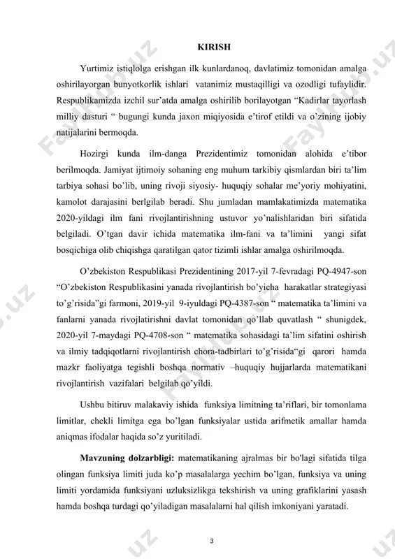 odalab ma'lum munosabatlar va bog'lanish esa noma'lum funksiya va uning xossalari orqali beriladi mana shunday munosabat qonunlar asosida bog'langan ifodalar differentsial tenglamalarga misol bo`ladi. bitiruv malakaviy ishida bayon qilingan tushunchalar differentsial tenglamalar nazariyasining poydevori sifatida xizmat qiladi. tadqiqot ilmiy yangiligi: -funksiyaning berilish usullari va uning grafiklari o’rganilgan. -funksiya limitning mavjud bo’lishi va funksiya uzluksizliklari o’rganilgan. -funksiya limiti yordamida funksiyalarni taqqooslash o’rganilgan. tadqiqoot amaliy ahamiyati: bitiruv malakaviy ishidan olingan natijalar nazariy ahamiyatga ega bo'lib, keyinchalik funksiyaning limiti yordamida funksiyalarni taqqoslash, va funksiyaning grafiklarini yasash hamda funksiya limit yordamida funksiyani uzluksizlikga tekshirish hamda ko’plab amaliy misollari yechishda qo’llash mumkin. bitiruv malakaviy ishining tuzulishi: ushbu bitiruv malakaviy ishi kirish, ikki bob, to’rtta paragrif, xulosa va foydalanilgan adabiyotlar ro’yxatidan iborat. bitiruv malakaviy ishining i bob ikkita paragrifdan iborat bo’lib unda fungsiya limitining ta’riflari, bir tomonlama limitlar, chekli limitga ega bo’lgan funksiyalar ustida arifmetik amallar hamda aniqmas ifodalar o’rganilgan. ii bob ham ikkita paragrifdan iborat …