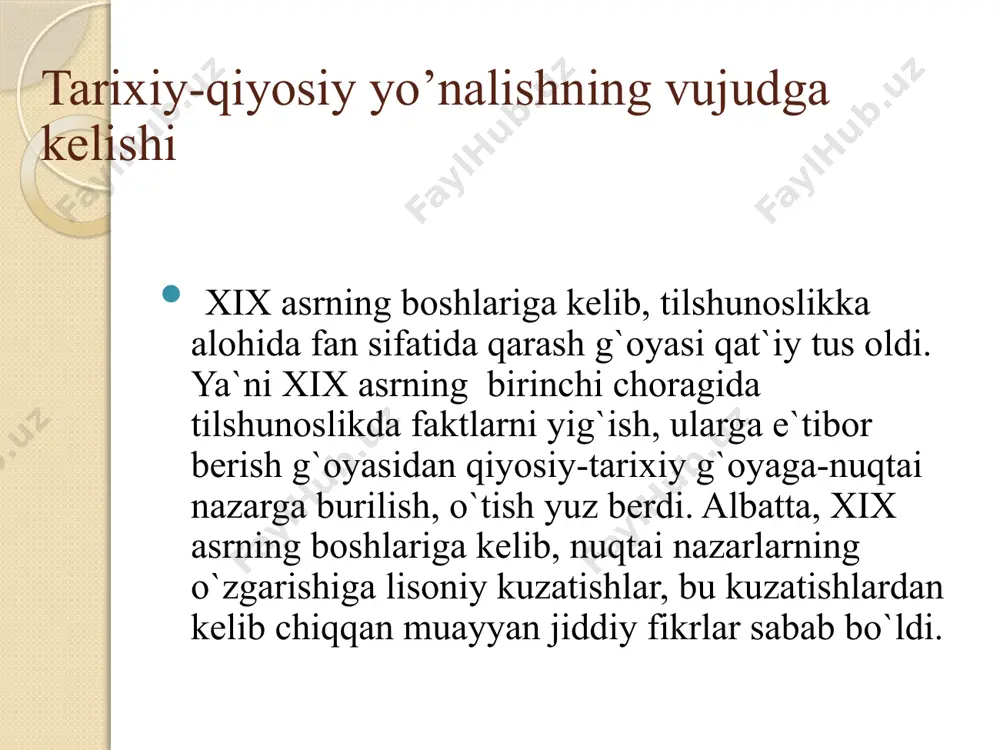 2-1829) esa o`zining mashhur «hindlarning tili va donoligi» asarida sanskrit tilining na faqat lug`at tarkibida, balki grammatik munosabatida ham lotin, grek, german va fors tillariga qarindosh ekanligini, ularning kelib chiqishiga ko`ra umumiy asosga egaligini qayd etadi. еslatish joizki, mahmud koshg`ariy, vil`yam djons, fridrix shlegel` kabi olimlarning ham qiyosiy-tarixiy metodning yaratilishidagi xizmatlarini inkor qilib bo`lmaydi. ular qiyosiy-tarixiy metodning ochilishiga jiddiy, chinakam yaqinlashishdi. ammo qiyosiy-tarixiy metodning yaratilishida frans bopp, rasmus rask, yakob grimm, aleksandr vostokovlarning xizmatlari nihoyatda katta bo`lib, ular ijodkor (novator) tilshunoslar sifatida maydonga chiqdi. qiyosiy-tarixiy yo’nalishning to’rt davri hind-evropa tillarini qiyosiy-tarixiy o`rganish tarixi to`rt davrni o`z ichiga oladi: qiyosiy-tarixiy metodning yaratilishidan to yosh grammatikachilargacha bo`lgan davr (xix asrning birinchi choragi-1870 y). yosh grammatikachilar davri (1870-1890 y). yosh grammatikachilar davridan to f de sossyurning «umumiy tilshunoslik kursi» asari va xet yozma yodgorliklarini o`qib, ma`nosini ochib berishgacha bo`lgan davr (xix asrning oxiri va xx asrning ikki o`n yilligi). f. de sossyur g`oyalaridan …