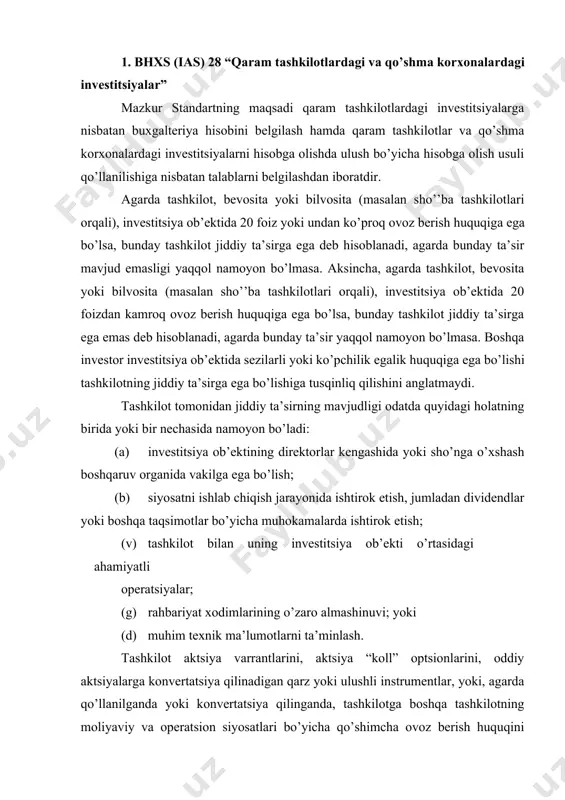 larini, oddiy aktsiyalarga konvertatsiya qilinadigan qarz yoki ulushli instrumentlar, yoki, agarda qo’llanilganda yoki konvertatsiya qilinganda, tashkilotga boshqa tashkilotning moliyaviy va operatsion siyosatlari bo’yicha qo’shimcha ovoz berish huquqini beradigan yoki boshqa tomonning ovoz berish huquqini kamaytiradigan potentsialga ega boshqa sho’nga o’xshash instrumentlarga (ya’ni potentsial ovoz berish huquqlariga) egalik qilishi mumkin. joriy davrda qo’llanilishi yoki konvertatsiyalanishi mumkin bo’lgan potentsial ovoz berish huquqlarining, jumladan boshqa tashkilotlar tomonidan egalik qilinadigan potentsial ovoz berish huquqlarining mavjudligi va ta’siri tashkilot jiddiy ta’sirga ega bo’lishi yoki bo’lmasligini baholashda inobatga olinadi. potentsial ovoz berish huquqlari joriy davrda qo’llanilmaydi yoki konvertatsiya qilinmaydi deb hisoblanadi, qachonki ular, masalan, kelgusi sanagacha yoki kelgusi hodisagacha qo’llanilmasa yoki konvertatsiya qilinmasa. potentsial ovoz berish huquqlari jiddiy ta’sirga olib kelishini baholashda, tashkilot potentsial huquqlarga ta’sir etadigan barcha ma’lumotlarni va holatlarni (jumladan, potentsial ovoz berish huquqlarini qo’llash shartlari hamda alohida yoki birgalikda inobatga olinishidan qat’iy nazar, har qanday boshqa shartnomaviy kelishuvlarni) tahlil qiladi, bundan ushbu potentsial …