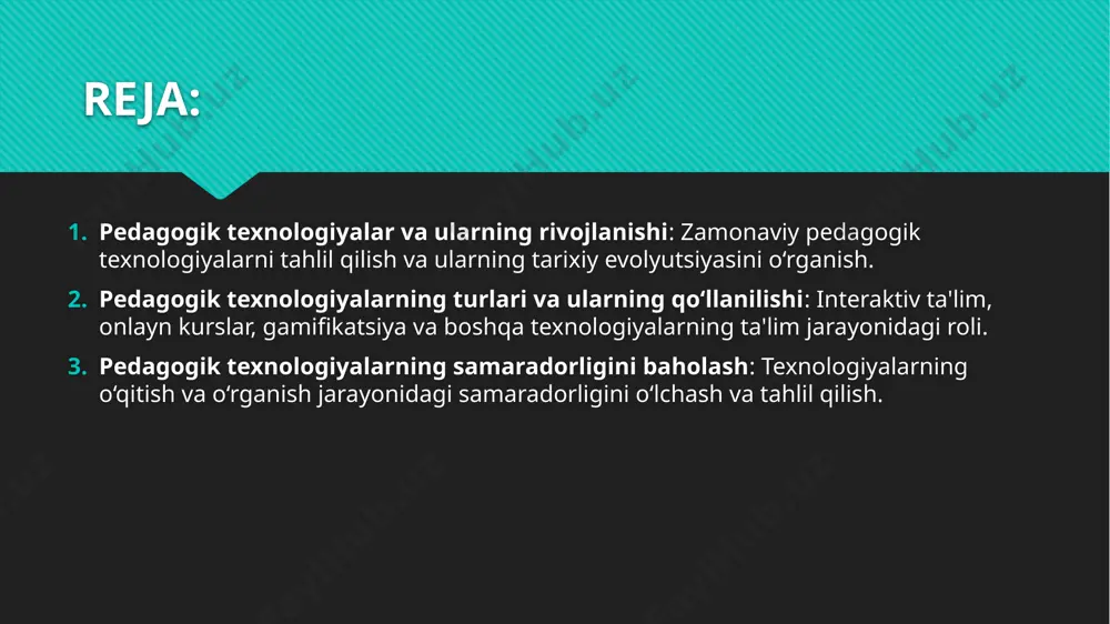ish jarayonini yanada samarali va interaktiv qilish uchun ishlab chiqilgan. pedagogik texnologiyalar rivojlanishi ta'lim tizimining o‘zgarishlariga, ilm-fan va texnologiyaning yangilanishiga bevosita ta'sir qilgan. dastlab, pedagogik texnologiyalar an'anaviy ta'lim vositalari – darsliklar, diagrammalar, maketlar va ta'lim apparatlarini o‘z ichiga olgan. ushbu texnologiyalar faqat ma'lumotlarni uzatish va taqdim etishning oddiy shakllari edi. keyinchalik, 20-asrning ikkinchi yarmida, kompyuter texnologiyalarining rivojlanishi bilan pedagogik texnologiyalar yangi bosqichga o‘tdi. kompyuterlar, multimedialar va interaktiv ta'lim materiallari o‘qitishda yangi imkoniyatlar yaratdi. o‘qituvchilar video va audio materiallar yordamida darslarni yanada boyitdi, shuningdek, o‘quvchilarning o‘zaro aloqalarini va tajribalarini mustahkamlash imkoniyatini yaratdi. pedagogik texnologiyalarning turlari va ularning qo‘llanilishi: interaktiv ta'lim, onlayn kurslar, gamifikatsiya va boshqa texnologiyalarning ta'lim jarayonidagi roli. pedagogik texnologiyalar ta'lim jarayonining samaradorligini oshirish va o‘quvchilarning faol ishtirokini ta'minlash uchun turli xil yondoshuvlarni o‘z ichiga oladi. zamonaviy pedagogik texnologiyalar orasida interaktiv ta'lim, onlayn kurslar, gamifikatsiya kabi texnologiyalar eng ommabop va samarali hisoblanadi. har birining ta'lim jarayonidagi roli va qo‘llanilishi o‘quvchilarning …