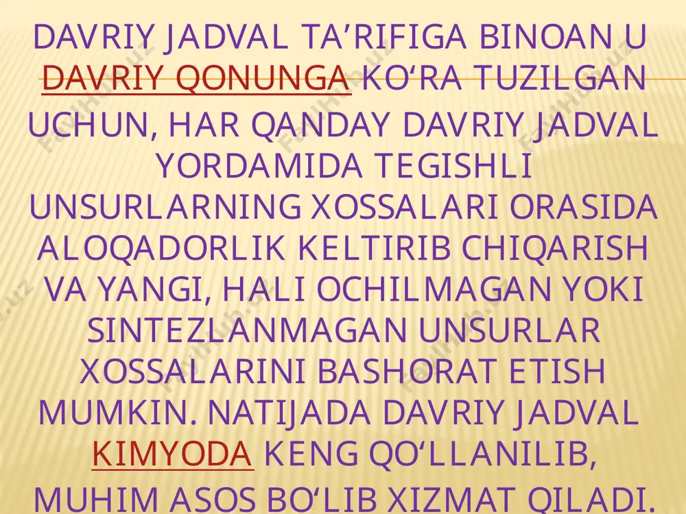 n, hosil qiladigan birikmalari oʻxshash boʻlgan elementlarni bir-birining ostiga tushadigan qilib, bu davrlarni birining ostiga ikkinchisini joylashtirish yoʻli bilan jadval tuzdi. mendeleyev oʻsha vaqtda hali maʼlum boʻlmagan elementlar uchun bush joy qoldirdi va uch elementning (u bu elementlarni ekabariy, ekaalyuminiy, ekasitsiliy deb atadi) mavjudligini aytibgina qolmasdan, balki ularning xossalarini ham oldindan aytib berdi. bu elementlar (galliy, skandiy, germaniy) keyinchalik kashf qilindi. ularning xossalari mendeleyev ba-shorat kilganiday boʻlib chiqdi. bu variant uzun davrli variant hisoblanadi. 1871 yilda kimyoviy elementlar davriy sistemasis. ning ikkinchi varianti eʼlon qilindi. o’zaro oʻxshash elementlar vertikal qatorlarga joylashgan boʻlib,’ qisqa davrli variant hisoblanardi. unda 8 ta vertikal, 10 ta gorizontal qator bor edi. bu variantga asoslanib, mendeleyev urangacha 11 ta elementning va urandan keyin bir nechta element kashf etilishini ba-shorat qildi. mendeleyevning davriy qonuni tajribada tasdiklandi va kimyoning rivojlanishida katta rol uynadi. davriy sistema jadvalining hozirgi koʻrinishi keyingi yillardagi kashfiyotlar va maʼlumotlar bilan toʻldirilgan. /docprops/thumbnail.jpeg