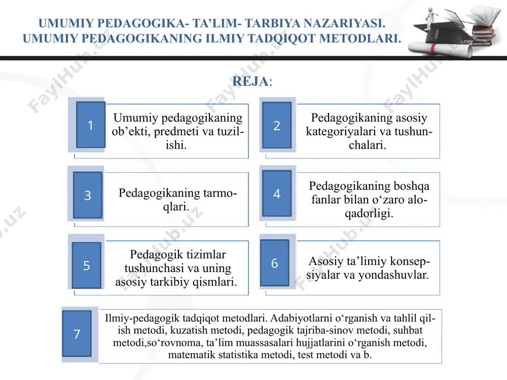 arbiya jarayonining mazmuni, tarbiya turlari, shakl, metod, vosita va usullari, uni tashkil etish masalalarini o‘rganadi pedagogika fanining obyekti yaxlit pedagogik jarayon predmeti ta’lim-tarbiya jarayoni, mazmuni, qonuniyatlari, tamoyillari, shakl, metod va vositalari. pedagogika shaxsni shakllantirishdek ijtimoiy buyurtmani bajarish asosida jamiyat taraqqiyotini ta’minlashga alohida hissa qo‘shadi. pedagogika fani maqsadi va vazifalarining belgilanishida ijtimoiy munosabatlar mazmuni, davlat va jamiyat rivojlanish strategiyasi, uning hayotida yetakchi o‘rin tutuvchi g‘oyalar mohiyati muhim ahamiyatga ega pedagogika fanining vazifalari pedagogika fanining asosiy kategoriyalari click to add title 4 shaxs click to add title 2 click to add title 3 click to add title 5 psixologik jihatdan taraqqiy etgan, shaxsiy xususiyatlari va xatti-harakatlari bilan boshqalardan ajralib turuvchi, muayyan xulq-atvor va dunyoqarashga ega bo‘lgan jamiyat a’zosi. har bir fan o‘zining tayanch tushunchalari, qonuniyatlari, tamoyillari, qoidalari tizimiga ega. aynan mana shu holat uning fan sifatida e'tirof etilishini kafolatlaydi. pedagogikaning asosiy kategoriyalari va tushunchalari. fanning mohiyatini ochib beruvchi eng muhim, asosiy tushuncha …