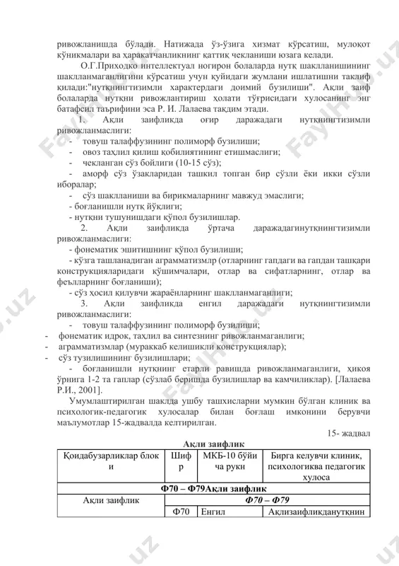 нутқи бузилишининг ўзига хос турини ва нутқ нуқсонининг тузилишини аниқлаш лозим. ақли заифлик (ф70 – ф79) - кечиктирилган ёки тугалланмаган ақлий ривожланиш ҳолати, биринчи навбатда, ривожланиш даврида юзага келадиган қобилиятларнинг пасайиши ва ақлнинг умумий даражасини (яъни билиш қобилиятлари, тил, моторика қобилиятлари, ижтимоий салоҳият) белгилайдиган кўникмалар билан тавсифланади. ақли заифлик бошқа руҳий ёки жисмоний бузилиш фонида ёки ушбу ҳолларсиз содир бўлиши мумкин. ақли заифлик даражаси одатда ақл ҳолатини белгиловчи стандартлаштирилган тестлар билан баҳоланади. улар маълум бир муҳитда ижтимоий мослашишни баҳолайдиган чизгилар (шкалалар) билан тўлдирилиши мумкин. бу усуллар ақли заифлик даражасининг тахминий таърифини беради. ташхис, шунингдек, аниқланган маҳорат даражасига асосланган интеллектуал фаолиятни умумий баҳолашга боғлиқ бўлади. енгил ақли заифлик (ф70) билан тахмин қилинаётганлардаиқ 50-69 ни ташкил этади. ввояга етган даврида ақлий ривожланиш 9-12 ёшдаги ривожланишга тўғри келади. енгил даражадаги ақли заиф болалар кўпинча мактабда ўқиш даврида оғир қийинчиликларни бошдан кечирадилар, аммо яхши ташкил этилган махсус ёрдам билан кўплари нормал ижтимоий муносабатларни сақлаб …