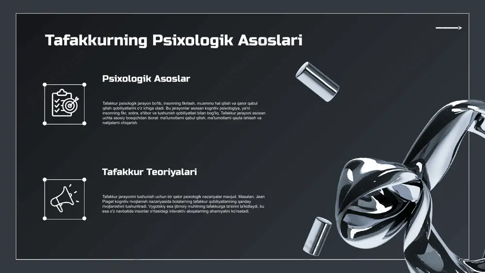 a tafakkur. ijtimoiy identifikatsiya, odamlarning o'zlarini guruhga bog'lashlari orqali fikrlash uslubini o'zgartiradi. o'z guruhiga nisbatan e'tiqodlar va qadriyatlar tafakkurga ta'sir qiladi. tafakkur jarayonida kognitiv nazariya kognitiv nazariyaning ahamiyati kognitiv nazariya inson tafakkur jarayonini tushunishda muhim ahamiyatga ega. bu nazariya, insonning fikrlash usullari va qaror qabul qilish jarayonlarini aniqlashga yordam beradi. fikrlarning dinamikasi fikrlarning o'zgarishi va qaror qabul qilish jarayoni kognitiv nazariyaning asosiy jihatlaridan biridir. odamlar yangi ma'lumotlarni qabul qilganda, o'z fikrlarini yangilashadi. kognitiv jarayonlar va xulq-atvor kognitiv jarayonlar, insonlarning xulq-atvoriga bevosita ta'sir qiladi. fikrlar va his-tuyg'ular odamning qanday harakat qilishini belgilaydi. kognitiv xatolar misollari kognitiv xatolar - bu noto'g'ri fikrlar yoki qarorlar, masalan, tasodifiylikka asoslangan xato qarorlar yoki noto'g'ri generalizatsiya. bu xatolar inson tafakkurining cheklovlarini ko'rsatadi. nazariyalar va amaliyot: tafakkurda integratsiya kognitiv nazariyalar kognitiv nazariyalar inson tafakkurini tushunishda muhim ahamiyatga ega. ular ta'lim jarayonida o‘qituvchilarga talabalar bilan samarali muloqot qilish va ularning fikrlash jarayonlarini qo‘llab-quvvatlash imkonini beradi. emotsional nazariyalar emotsional …