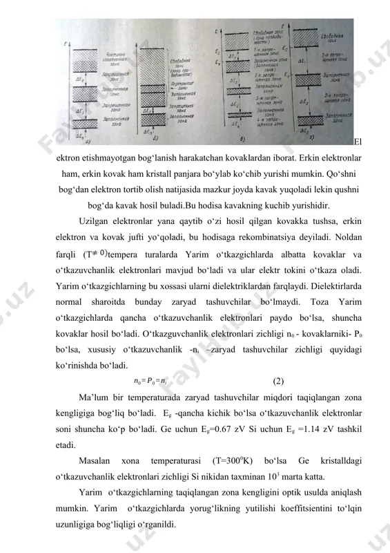 ritilgan atomlar taqiqlangan zonalarda xususiy energetik sathlarni hosil qiladi. valent zonaga yaqin joylashgan sathlar sayoz sathlar deb ataladi. agar mahalliy sathlar taqiqlangan zonaning o‘rtasida hosil bo‘layatgan bo‘lsa chuqur sathlar deb ataladi. 3-rasm. sayoz va chuqur sathlar. ionlanish jarayonida o‘tkazuvchanlik zonasiga qo‘shimcha elektron beruvchi aralashma(kirishma) donor kirishma deb ataladi. bu erda . bunday yarim o‘tkazgich elektron yoki n-tipyarim o‘tkazgich deb ataladi. 4-rasm. akseptor kirishma o’ziga elektronni oladi. si ga b atomini kiritilayapti. borning to‘lmagan kovalent bog‘lanishiga juft elektron kremniyning kovalent bog‘lanishi kelib to‘ldiradi. demak aralashma teshik o‘tkazuvchanlikni hosil qiladi. akseptor kirishma deb ataladi, chunki ular elektronlarni qabul qilayapti. – yarim o‘tkazgichlap r-tip yarim o‘tkazgichlar deb ataladi. agar yarim o‘tkazgichda 2-xil tok tashuvchi n-tip xususiy yarim o‘tkazgich, umuman nd va na aralashma atomlari teng bo‘lsa kompensirlangan yarim o‘tkazgichlar deb yuritiladi. xulosa elektron etishmayotgan bog‘lanish harakatchan kovaklardan iborat. erkin elektronlar ham, erkin kovak ham kristall panjara bo‘ylab ko‘chib yurishi mumkin. qo‘shni bog‘dan elektron …