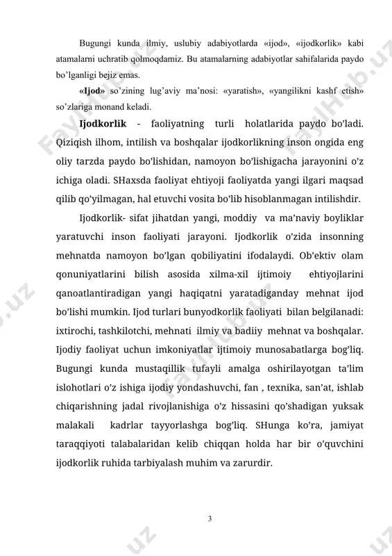 n asos bo’lib xizmat qiladi. ijodiy faoliyat sifatlariga quyidagilarni kiritish mumkin : · ehtirosli-obrazli sifatlar: ijodiy vaziyatlardan ilhomlanish, zavqlanish, jo’shqinlik; · obrazlilik, uyushganlik, yangilik va g’ayrioddiylikni his etish, ziddiyatlarga nisbatan sezgirlik, ijodiy moyillik, ichki kurashlarni sinashga bo’lgan qobiliyat, ramziy ijodkorlik va boshqalar. · tashabbuskorlik, kashfiyotchilik, zehn, o’ziga xoslik, har xillik, nostandartlik; · g’oyalarni topishga, ularning individual, o’zga insonlar bilish ob’ektlari bilan munosabatlariga nisbatan qobiliyati; · maktabda, oilada va boshqa ijtimoiy muhitda beriladigan axloq me’yorlarini saqlab qolish ko’nikmasi bilan uyg’unlashadigan fikrlar, tuyg’ular va harakatlar erkinligi; · sezgirlik, tanish narsalarni notanish narsalarda ko’ra olish va aksincha; muammolarni hal etishda stereotiplarni yenga olish, o’zgacha makonga chiqish qobiliyati; · o’rganilayotgan ob’ekt bilan dialog olib bora olish ; bilish metodlarini tanlay olish; ob’ektning o’xshash ob’ektlar bilan vazifa va aloqasini topish; · b’ektlarning o’zgarishi, uning o’sish yoki rivojlanish dinamikasini aniqlash; · b’ektning xossalariga ko’ra bilishning yangi metodlarini yarata olish ; · gipotezalarni ta’riflay olish taxminiy fikrlar, …