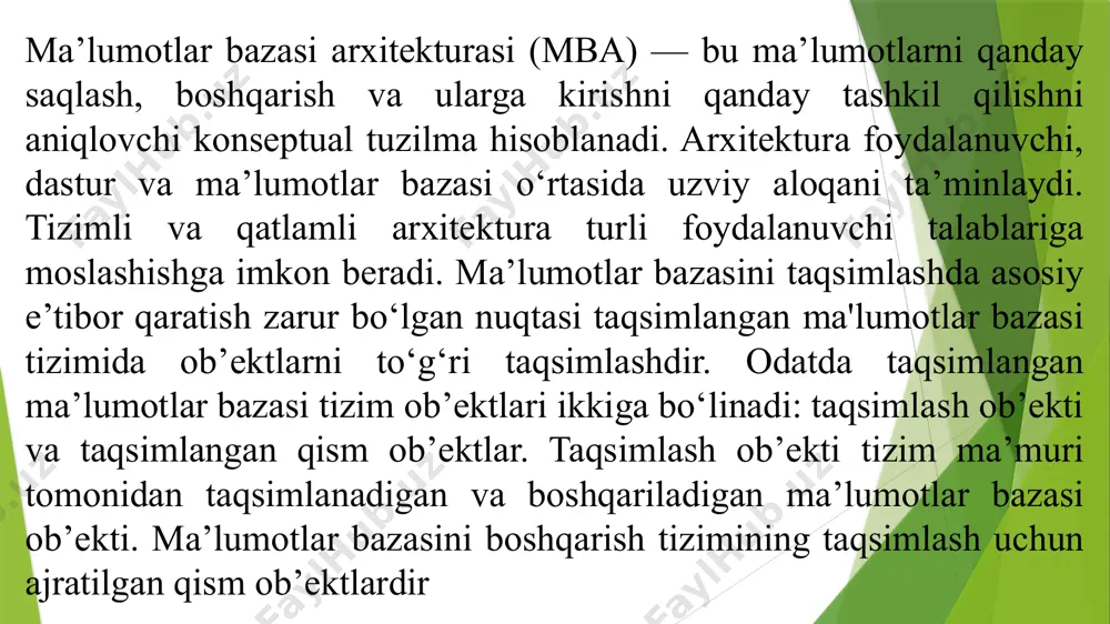 ar tomonidan tahdidlar to‘g‘risida xabardorlik darajasining yetarli emasligi tahdidlarni amalga oshirishning salbiy oqibatlariga olib kelishi mumkin. hozirgi vaqtda axborot xavfsizligini ta’minlashda foydalaniladigan ma’lumotlar bazalariga yangi turdagi turdagi tahdidlar kiritib borilmoqda, ammo bu tahdidlar avtomatlashtirilgan tizimlar uchun umumiy xususiyatga ega bo‘lib, buning natijasida ma’lumotlar bazasini boshqarish tizimlariga tahdidlarni tasniflash vazifasi qo‘shilmoqda. 1-rasm. ansi/sparc tomonidan ishlab chiqilgan arxitektura. korporativ tarmoq foydalanuvchilarining taqsimlangan ma’lumotlar bazasi xavfsizligini ta’minlashda ikki xil darajadagi arxitekturadan foydalaniladi. birinchisi taqsimlangan ma’lumotlar bazasi tizimlari uchun ansi/sparc (american national standards institute, standards planning and requirements committee) tomonidan maxsus ishlab chiqilgan arxitektura asosida markazlashtirilgan mbbtlari uchun umumiy komponentlar arxitekturasi. ikkinchisi ixtiyoriy ma’lumotlar bazasi uchun foydalaniladigan mijoz-server arxitekturasi. ko‘pchilik tashkilotlar odatda mijoz-server arxitekturasidan foydalanadi. bunga asosiy sabab arxitekturaning oddiyligi va foydalanish qulayligidir. bundan tashqari ushbu arxitektura har bir foydalanuvchi tomonidan yuborilgan so‘rovlarni tashqi, konseptual va ichki ko‘rinishda ko‘rish va qabul qilish imkonini beradi. bu arxitektura etalon arxitektura bo‘lganligi sababli tashkilotlar ma’lumotlar bazalarini boshqarish …