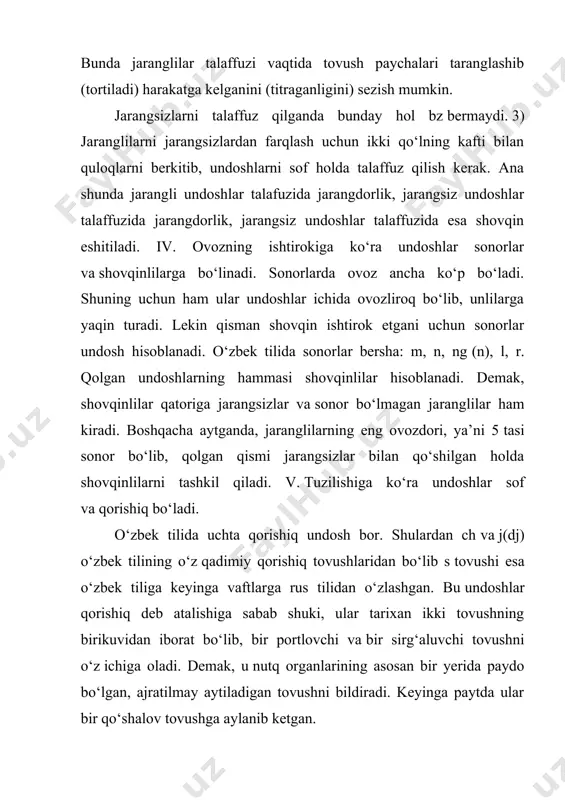 ar-tegmas titrab turishi natijasida hosil bo‘ladi. undoshlar imlosi 8. bb harfi: 1) bobo, bahor, bir, majbur, zarb kabi so`zlarda jarangli portlovchi lab undoshini ifodalash uchun yoziladi; 2) kitob, yuzlab, kelib kabi so`zlar oxirida p aytilsa ham, b yoziladi; 3) qibla, tobla kabi so`zlarda ba`zan v aytilsa ham, b yoziladi. 9. pp harfi paxta, pichoq, opa, tepa, tup, yop kabi so`zlarda jarangsiz portlovchi lab undoshini ifodalash uchun yoziladi. 10. vv harfi: 1) ov, suv, kuyov; ovoz, savol; volida, vatan kabi so`zlarda ovozdor sirg`aluvchi lab undoshini ifodalash uchun yoziladi; 2) avtobus, avtomat kabi o`zlashma so`zlarda v ba`zan f aytilsa ham, v yoziladi. 11. ff harfi: 1) fan, fe`l, futbol, fizika; asfalt, juft; insof, isrof kabi so`zlarda jarangsiz sirg`aluvchi lab undoshini ifodalash uchun yoziladi; 2) fasl, fayz, fotima, fursat kabi so`zlarda f tovushi ba`zan p aytilsa ham, asliga muvofiq f yoziladi. 12. mm harfi moy, muborak, tomon, ilhom kabi so`zlarda ovozdor lab-lab burun …