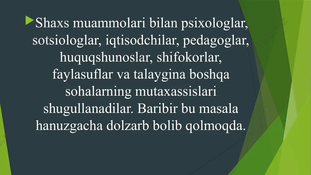 amalga oshirishga intilishi bilan uyg�unligi, o�z dunyoqarashi uchun kurashga tayyorgarligi bilan belgilanadi. shaxsning kichik tuzilmalaridan biri temperament bo�lib, u shaxsning ruhiy jarayonlar dinamikasini tavsiflab beradigan xususiyatlaridir shaxsga umumiy baho berishda odamning xarakteri muhim ahamiyatga ega bo�ladi. xarakter odamning xulq-atvorida va atrofimizdagi turli-tuman voqea-hodisalarga nisbatan munosabatlarida namoyon bo�ladi. xarakter odamning xulqatvori va tevarak-atrofdagi voqelikka munosabatida yuzaga chiqib, farq qilib turadigan asosiy xususiyatlarining yig�indisi hisoblanadi. 1. shaxsning atrofidagi odamlarga va jamiyatga munosabati: jamoa manfaatlarini yoki o�z shaxsiy manfaatini o�ylash, xudbinlik yoki insonparvarlik, halollik yoki qing�irlik va hokazo. 2. mehnatga munosabati: mehnatsevarlik yoki ishyoqmaslik, ishbilarmonlik yoki uquvsizlik va hokazo. 3. o�z-o�ziga munosabat: talabchanlik yoki xotirjamlik, kamtarlik yoki maqtanchoqlik. 4. irodasi: maqsadga intiluvchan yoki loqayd, qat�iyatlik yoki ishonchsizlik, mardlik yoki qo�rqoqlik. amalda temperamentning to�rt asosiy tipi farq qilinadi: xolerik, sangvinik, flegmatik va melanxolik temperamentlar. 1. xolerik temperament jo�shqin, shiddatli, qizg�in va keskin bo�ladi. 2. sangvinik temperament jonli, harakatchan, ta�sirlanuvchan, mehribon. 3. flegmatik temperament osoyishta, …