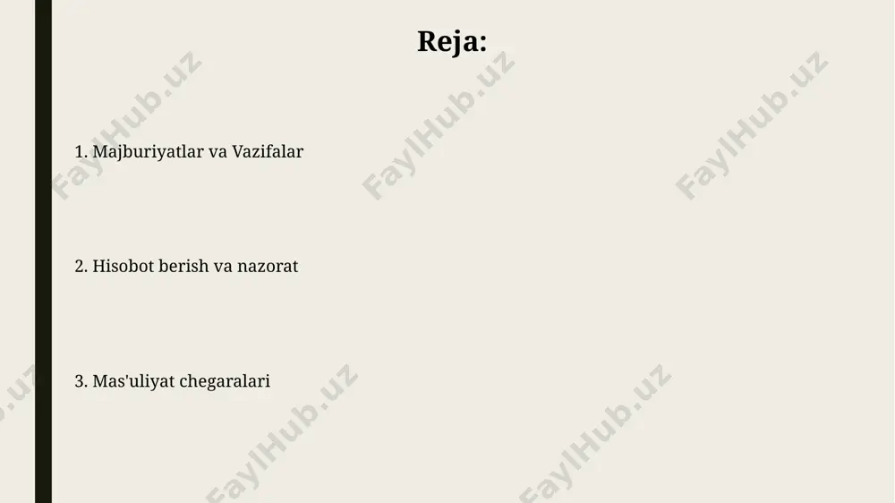 asi va tajribasini (masalan, 5 yildan ortiq tajriba) hisobga olish samaradorlikni 2 barobar oshirishi mumkin. axloqiy mas'uliyat axloqiy mas’uliyat shaxsning jamiyat oldidagi 3 ta asosiy majburiyatini – halollik, adolatlilik va insonparvarlikni o’z ichiga oladi, bu esa ijtimoiy uyg’unlikni ta’minlashga xizmat qiladi. axloqiy mas’uliyatning 5 ta asosiy tamoyili – inson huquqlariga hurmat, to‘g‘ri va ochiq munosabatlar, o‘ziga nisbatan va boshqalarga nisbatan javobgarlik, ijtimoiy me’yorlarga rioya qilish va shaxsiy kamchiliklar ustida ishlashni o’z ichiga oladi. vazifalarni bajarish tartibi muvaffaqiyatli vazifa bajarish uchun kamida 5 ta omil muhim: aniq ko'rsatmalar, yetarli vakolatlar, kerakli resurslar, samarali jamoaviy ish va muntazam monitoring. vazifa muddatini aniqlashda 20% ortiqcha vaqt qo'shish tavsiya etiladi; kutilmagan holatlar va kechikishlarni oldini olish uchun bu muhim omil hisoblanadi. qonun va qoidalarga rioya qilish qonun va qoidalarga rioya qilish, 120 dan ortiq ma'muriy huquqbuzarliklarga olib kelishi mumkin bo'lgan turli xil jarima va jazo choralari bilan belgilanadi. korxonalar uchun qonunbuzarliklar, 500 ming so'mdan …