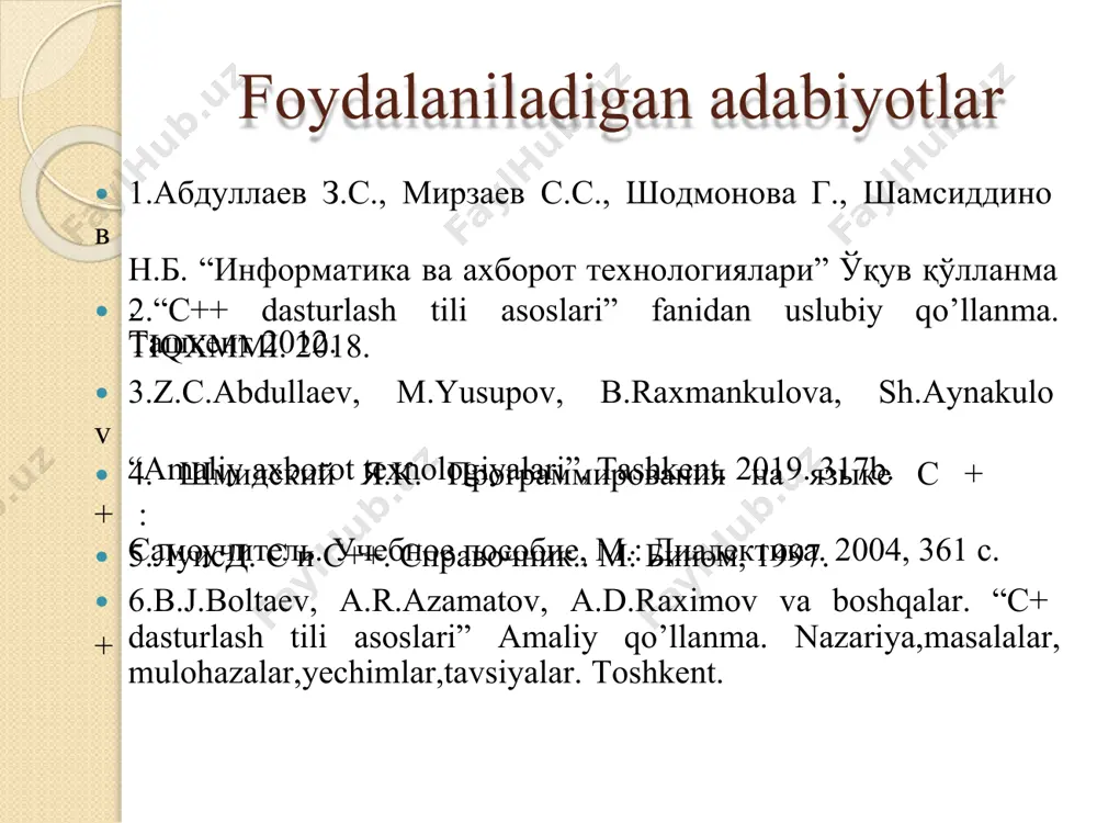 . chekliqadamdankeyin, ya’ni birnechaamallarbajarilgandan so’ngmasalaningechimigaega bo’lish algoritmlarnitasvirlashusullari: 1. formulalaryordamida buholdabajarilishilozimbo’lganamallarketma-ketligi matematik formulalar,mantiqiy ifodalarko’rinishida ifodalanadi. misol. rasmdakeltirilganto’rtburchakyuzinihisoblang. a b c d m ; algoritmi: 2. matnyordamida bajarilishilozimbo’lganamallarketma-ketligi jumlalaryokigaplaryordamidaifodalabberiladi. misol.radiusirgatengdoirayuzasini hisoblang. algoritmi: πnirning kvadratiga ko’paytiring. r 3. dasturlashtiliyordamida amallarketma-ketligibiroralgoritmik til yordamidaifodaladi. misol.rasmdakeltirilganto’rtburchakyuzini hisoblang. read(a,b,c,m); p:=(b+c+m)/2; s1:=sqrt(p*(p-m)*(p-b)*(p-c)); p:=(a+d+m)/2; s2:=sqrt(p*(p-a)*(p-d)*(p-m)); s:=s1+ s2; write(s); algoritmi: a b c d m 4. grafikyordamida amallarketma-ketligimaxsusgeometrik figuralaryordamidaifodalanadi. algoritmningbunday tasvirlashusuli algoritmsxemasiyokiblok-sхemasideb yuritiladi. blok-sxemadaharbirxarakatturinima’lumbir geometrikfiguraorqaliifodalanadi.bufuguralar yo’nalishlichiziqlarorqalibog’lanadi. blok-sxemalarni tuzishuchunmaxsus bloklardanfoydalaniladi: -hisoblash bloki; -mantiqiyblok yoki shartlarni tekshirish bloki; -ma’lumotlarnikiritish bloki; -boshlang’ich algoritmning boshlash yoki tugаllash bloki(oval) -qism-dasturlar bloki; -takrorlanuvchi amallar bloki; -hisoblash natijalarini chop etish bloki. maxsusfiguralarvaularningvazifalari: 14 algoritm turlari chiziqli tarmoqlanuvchi takrorlanuvchi chiziqlialgoritmlaridajarayonningbarcha tashkilqiluvchibloklariberilgantartibdabeistisno bajariladi.bundayjarayonalgoritminingblok- sxemasiasosanto’rtburchakshaklidagibloklardan iboratbo’ladi. 1. boshlash(oval) 2. kiritish bloki(parellogramm) 3. hisoblash bloki(to’g’ri 4 burchak) 4. natija bloki(t/4b bir burchagi kemtik) 5. tugallash(oval) quyidаgi ifоdаni hisоblаshning blоk-cxemasini tuzing. bоshlаsh х, с d = x2+ c e = x + c a = d/e d, e, a tamom xc xc …