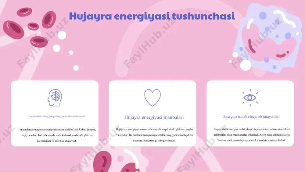 ddalar va ionlarning hujayra membranasi orqali o'tishini boshqaradi. energiya iste'moli: moddalar oqimi jarayonlari energiya iste'molini talab qiladi. aktiv transport jarayonlari, masalan, atp molekulalaridan foydalanadi, bu esa moddalar oqimini tezlashtiradi va hujayraning o'zaro ta'sirini kuchaytiradi. moddalar oqimining biologik ahamiyati biologik jarayonlar: moddalar oqimi organizmlar uchun hayotiy ahamiyatga ega. ular energiya va oziq moddalarini transport qilish, hujayralar o'rtasida axborot almashish va metabolizm jarayonlarini boshqarishda muhim rol o'ynaydi. o'simlik va hayvon hujayralari: o'simliklar va hayvonlar o'rtasida moddalar oqimi turli xil mexanizmlar yordamida amalga oshiriladi. o'simliklarda fotosintez jarayoni orqali ishlab chiqarilgan energiya, hayvonlar uchun oziq modda sifatida taqdim etiladi. sog'liq va muammolar: moddalar oqimi sog'liq uchun muhimdir, chunki u hujayralarning to'g'ri ishlashi uchun zarur. moddalar oqimidagi muammolar, metabolik kasalliklar va boshqa sog'liq muammolariga olib kelishi mumkin. energiya va ma'lumotlar oqimi o'rtasidagi bog'lanish energiya va ma'lumotlar o'rtasidagi bog'lanish energiya va ma'lumotlar oqimi bir-birini to'ldiradi. energiya iste'moli ma'lumotlar oqimining samaradorligiga ta'sir qiladi va aksincha, ma'lumotlar oqimi …