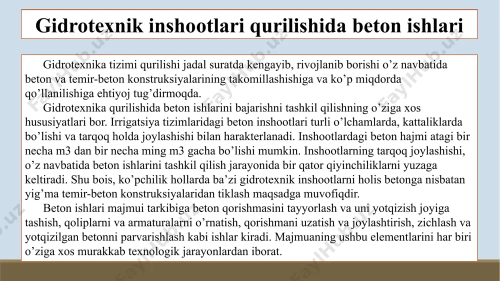 a oquvchan hisoblanadi. quyuq betonlar qoliplarda yotqizilishi va zichlanishi ancha qiyinchiliklar tug’diradi, ammo ularni imkoni boricha yaxshi zichlansa, qorishma tarkibida sement miqdori kam bo’lganda ham, yuqori mustahkamlikka erishiladi. aksariyat hollarda qurilish jarayonida yumshoq betonlar qo’llaniladi, chunki ular xatto zich armaturalangan sharoitlarda ham yaxshi joylashadi va titratgichlar yordamida zichlanadi. oquvchan betonlar nisbatan kam qo’llaniladi, chunki bunday hollarda kerakli mustahkamlikka erishish uchun qorishma tarkibiga katta miqdorda sement qo’shilishi talab qilinadi. gidrotexnik inshootlari qurilishida beton ishlari gidrotexnik beton tayyorlash xususiyatlari qurilishda qo’llaniladigan juda ko’p materiallardan beton qorishmasining asosiy farqi shundaki, uni oldindan zahira sifatida tayyorlab qo’yish va uzoq masofalarga tashish imkoniyatlari yo’q. qorishma tayyorlangandan so’ng, gidrotatsiya, ya’ni qotish jarayoni boshlanguncha, u kerakli joyga yetkazilib, yotqizilib va zichlanishi talab qilinadi. shu sababli ko’pchilik holatlarda beton qorishmasini bevosita qurilish maydonida yoki unga yaqin masofada tayyorlash tashkil qilinadi. beton qorishmasini tayyorlash jarayonlari quyidagilardan iborat: materiallarni omborlardan tashish; ularni qadoqlash; beton-qorgichga yuklash; aralashtirish; tayyor mahsulotni transport vositasiga …