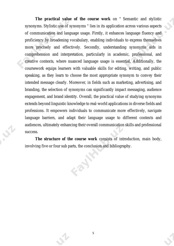 ar by means of abbreviation. in most cases the abbreviated form belongs to the colloquial style, and the full form to the neutral style, e.g. «examination’, «exam». among stylistic synonyms we can point out a special group of words which are called euphemisms. these are words used to substitute some unpleasant or offensive words, e.g. «the late» instead of «dead», «to perspire» instead of «to sweat» etc. there are also phraseological synonyms, these words are identical in their meanings and styles but different in their combining with other words in the sentence, e.g. «to be late for a lecture» but «to miss the train», «to visit museums» 2 abayev v.i. synonyms and their semantical features t. o’qituvchi 1981 pp. 4-5, 8, 26-29 7 but «to attend lectures» etc. in each group of synonyms there is a word with the most general meaning, which can substitute any word in the group, …