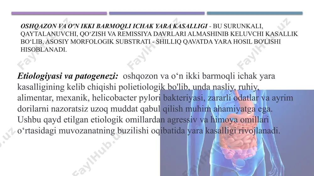 2-3 yilda bir marotaba) har yilgi avj olish bilan tez-tez avj oluvchi ( 1 yilda ikki va undan ko’p) oshqazon sekretsiyasiga ko’ra oshgan me’yorida kamaygan kasallik bosqichlariga ko’ra avj olish remissiyalar klinik anatomik – epitilizatsiya, chandiqlanish funksional asoratlarning mavjudligiga ko’ra qonash perforatsiya penetratsiya stenoz malignizatsiya perivisterit klinik manzarasi: kasallikning klinik manzarasi yaraning joylashishi, o'lchamlari, chuqurligi, oshqozonning sekretor faoliyati, bemor yoshiga bog'lik holda turli-tuman bo'ladi va asosiy belgisi og'riq simtomi hisoblanadi. oshqozonning orqa devori va kardial qismi yaralarida og'riq ovqat iste’mol qilgandan keyin yuzaga keladi va xanjarsimon o'siq asosida joylashadi. og'riqlar simillovchi, to’mtoq xarakterda bo‘lib, ko‘p hollarda to‘sh ortiga va yurak sohasiga uzatiladi. kichik egrilik yarasi uchun ovqatdan so‘ng 15-60 daqiqa o‘tgach yuzaga keladigan epigastral sohadagi og'riqlar xos. bemorlarda ko'proq ko'ngil aynishi va jig'ildon qaynashi kuzatiladi, qayt qilish esa nisbatan kam uchraydi. antral yaralarda aniq davriylik va “och qoringa” yuzaga keladigan og'riqlar kuzatiladi. bunda barcha bemorlarda oshqozon sekretor faoliyatining oshishi qayd …
