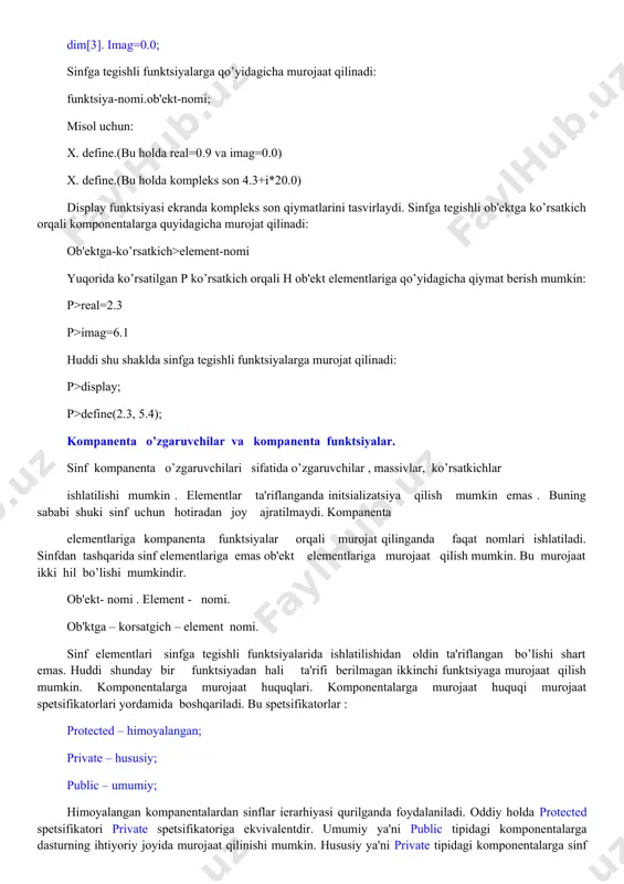 angan kompanentalardan sinflar ierarhiyasi qurilganda foydalaniladi. oddiy holda protected spetsifikatori private spetsifikatoriga ekvivalentdir. umumiy ya'ni public tipidagi komponentalarga dasturning ihtiyoriy joyida murojaat qilinishi mumkin. hususiy ya'ni private tipidagi komponentalarga sinf tashqarisidan murojaat qilish mumkin emas. agar sinflar struct hizmatchi so’zi bilan kiritilgan bo’lsa, uning hamma komponentalari umumiy public bo’ladi, lekin bu huquqni murojaat spetsifikatorlari yordamida o’zgartirish mumkin. agar sinf class hizmatchi so’zi orqali ta'riflangan bo’lsa, uning hamma komponentalari hususiy bo’ladi. lekin bu huquqni murojaat spetsifikatorlari yordamida uzgartirish mumkindir. bu spetsifikator yordamida sinflar umumiy holda quyidagicha ta'riflanadi: class class_name { int data_member; // ma'lumot-element void show_member(int); // funktsiya-element }; sinf ta'riflangandan so’ng, shu sinf tipidagi o’zgaruvchilarni(ob'ektlarni) qo’yidagicha ta'riflash mumkin: class_name object_one, object_two, object_three; qo’yidagi misolda employee, sinfi kiritilgandir: class employee { public: char name[64] ; long employee_id; float salary; void show_employee(void) { cout #include class employee { public: char name [64]; long employee_id; float salary; void show_employee(void) { cout << "imya: …