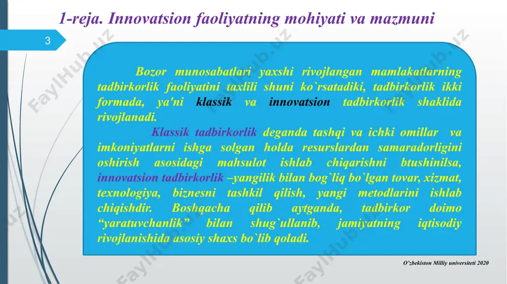 chiqarish va bozorda sotishni tashkil qilishga yordam beradi va shu orqali kichik biznesda innovatsion faoliyatni riojlantirishga yordam beradi. texnoparklarning asosiy vazifasi : o’zbekiston milliy universiteti 2020 11 2-reja davomi ilmiy yangiliklarni texnologiyaga aylantirishdan; texnologiyani tijorat maxsulotiga aylantirishdan; kichik korxonalarda yangi yaratilgan maxsulotni ko`p miqdorda ishlab chiqarishdan; ilmiy izlanishni olib boruvchi firmalarni tashkil qilishdan; ilm bilan bog`liq barcha biznes turlarini qo`llab-quvvatlashdan iborat. biznes inkubatorlar biznes inkubatorlar – kichik kichik innovatsion korxona faoliyat korsatishi uchun sharoit yaratuvchi strukturadir. biznes inkubatorlar bir qancha funktsiyalarni bajaradilar: kichik biznes korxonalariga imtiyozli shartlarda asbob-uskunalar etkazib beradilar, xuquqiy maslahat va axborot xizmatlarini ko`rsatadilar; ilmiy texnologiyalarni tijorat asosida sotadilar; tadbirkorlarning malakasini oshiradilar va boshqalar. o’zbekiston milliy universiteti 2020 12 2-reja davomi o’zbekiston milliy universiteti 2020 13 3-reja. o’zbekistanda innovatsion tadbirkorlikni rivojlantirish yo`nalishlari dunyo miqyosida o'zbekistonning raqobatbardoshliligini oshirishda innovatsion tadbirkorlikning ahamiyati va aholini innovatsion fikrlashga o'rgatish, noan'anaviy moliyalash tizimlari - kraudfanding, farishta investorlar, venchur moliyalash tizimini o'zbekistonda shakllantirish muhim …