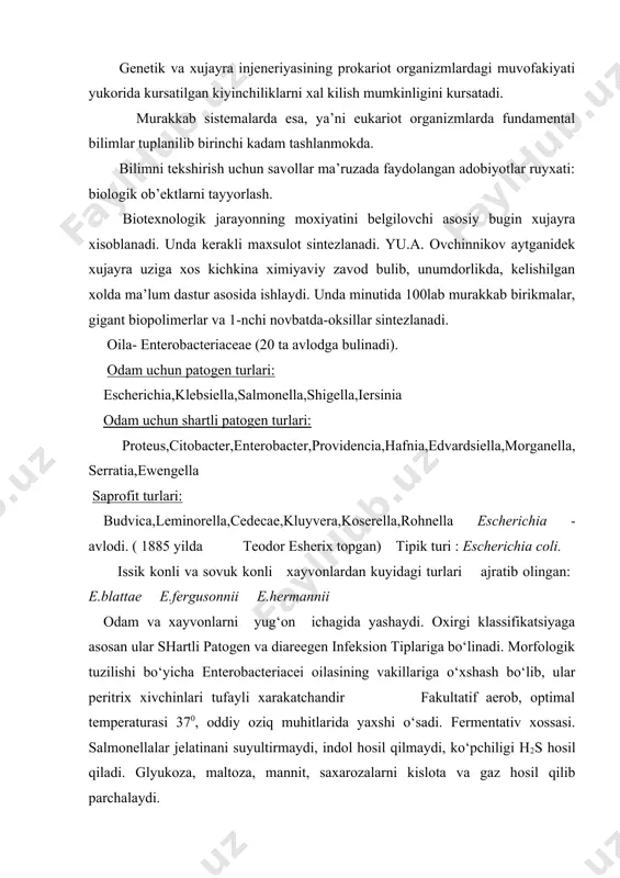 da yaxshi o‘sadi. fermentativ xossasi. salmonellalar jelatinani suyultirmaydi, indol hosil qilmaydi, ko‘pchiligi h2s hosil qiladi. glyukoza, maltoza, mannit, saxarozalarni kislota va gaz hosil qilib parchalaydi. ekzotoksin hosil qilmaydi. glyusid-lipit-protein kompleksidan tashkil topgan endotoksinga ega. serologik belgilariga qarab salmonellalar bir qancha (35 ta) guruhlarga bo‘lingan. shulardan kaufman-uayt klassifikatsiyasi bo‘yicha s.enteritidis - d guruhiga, s tihyimurium – v guruhiga, s.choierae suis – s guruhiga kiradi. salmonellalarning klassifikatsiyasi ularning antigen, kultural va biologik xossalariga qarab tuzilgan. ovqatdan zaxarlanishni chaqiruvchi salmonellalar tif va paratif qo‘zg‘atuvchilariga nisbatan birmuncha chidamlik. yuqori tumperaturaga, osh tuzining yuqori konsentratsiyali eritmasiga, ayrim kislotalarga chidamli, 60-700 da 1 soatda, 8-10% uksus kislotasida 18 soatda halok bo‘ladi. 400 grammlik go‘sht bo‘lagida 2,5 soat qaynatishga chidaydi. uy temperaturasida 2-3 oy saqlanadi. endotoksinlari esa qaynatgandan so‘ng ham bir necha soat saqlanib qoladi. shunisi xarakterli salmonellalar bilan zaxarlangan ovqat mahsulotlarining ko‘rinishi ham, hidi ham buzilmaydi. odamlar uchun patogen bo‘lgan salmonellalarning ko‘pchiligi ko‘pchilik hayvonlar ichida, ya’ni …