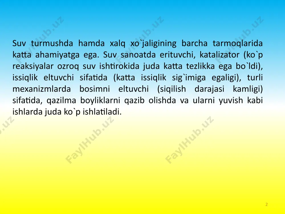 arda ijloji boricha suvni kam ishlatish, ya`ni chiqindi suvlar hosil qilmaydigan “quruq jarayon” larga o`tish masalasi katta ahamiyatga ega. sanoat suvlarini tayyorlash – kompleks operatsiyalardan iborat bo`lib, bunda u zararli qo`shilmalardan (erigan, kaloid va zarracha holdagi) xolos etilib, uning tozaligi ta`minlanadi. asosiy operatsiyalar: suvni mexanik zarrachalardan tindirish; filtrlash orqali tozalash; yumshatish; tuzsizlantirish; neytrallash; gazsizlantirish; zararsizlantirish; tabiiy suv havzalari haqida ma’lumotlarni o’rganish darsda ishlatilgan atamalarning inglizcha tarjimasi va talaffuzini yozib kelish uyga vazifa: 8 dars so`ngida talabalar bilan “harakatlar strategiyasi” hamda internet haqida suhbat o`tkazilib dars yakunlanadi. talabalar turli sovg`alar bilan rag`batlantiriladi. e`tiboringiz rahmat!!! uchun image1.gif image2.png image3.jpeg image4.jpeg image5.png image6.jpeg image7.jpeg image8.gif /docprops/thumbnail.jpeg