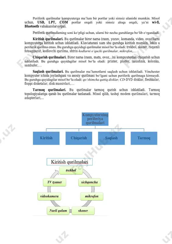 foydalaniladi – u asosan grafik intеrfеysli dasturlarda qo’llaniladi). shaxsiy kompyutеrning qo’shimcha qurilmalari va ularning vazifasi. periferiy qurilmalari sistemali blokni o`rab turadi va foydalanuvchiga kompyuter bilan birga foydalanishga imkoniyat yaratadi. periferik qurilma bu – kompyuterga tashqi tomondan ulanib, uning imkoniyatlarini kengaytiradigan qurilmalarga aytiladi. bu qurilmalar qo‘shimcha qurilmalar ham deyiladi, ularsiz ham kompyuter o‘zining asosiy ishlarini amalga oshiraveradi. periferik qurilmalar faqatgina qo‘shimcha ishlarni amalga oshiradi. periferik qurilmalar kompyuterga ma’lum bir portlar yoki simsiz ulanishi mumkin. misol uchun, usb, lpt, com portlar orqali yoki simsiz aloqa orqali, ya’ni wi-fi, bluetooth vahakazolar orqali. periferik qurilmalarning soni ko‘pligi uchun, ularni bir necha guruhlarga bo‘lib o‘rganiladi. kiritish qurilmalari. bu qurilmalar biror narsa (rasm, yozuv, komanda, video, ovoz)larni kompyuterga kiritish uchun ishlatiladi. klaviaturani xam shu guruhga kiritish mumkin, lekin u periferik qurilma emas. bu guruhga quyidagi qurilmalar misol bo‘la oladi: trekbol, skaner, raqamli fotoapparat, kodlovchi qurilma, shtrix-kodlarni o‘quchi qurilmalar, mikrofon,… chiqarish qurilmalari. biror narsa (rasm, matn, ovoz,..)ni …
