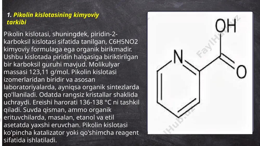 rajatlari va hosil miqdori har xil bo'lib, bu omillar ishlab chiqarish jarayonini tanlashda muhim ahamiyatga ega. 3-pikolin kislotasining tozaligi, samaradorligi va xavfsizligi yuqori darajada bo'lishi lozim, chunki u ko'pincha yoqilg'i qo'shimchalarida va farmatsevtika sanoatida ishlatiladi. ... t.me/slaydai_bot 4. pikolin kislotaning sanoatdagi qo‘llanilishi pikolin kislota sanoatda asosiy hom ashyolardan biri sifatida qo‘llaniladi. u ko‘pincha kimyoviy sintezlarda o‘rta mahsulot sifatida ishlatiladi. ko'pincha bu kislota plastmassalar va qoplamalar ishlab chiqarishda plastifikator yoki stabilizator sifatida qo'llaniladi. shuningdek, pikolin kislota agroximik vositalar va dorivor moddalar ishlab chiqarishda ham muhim rol o'ynaydi. u halqa hosil qiluvchi reagent sifatida polimerlarni tayyorlashda foydalidir. pikolin kislota bo'yoqlar, pigmentlar va boshqa organik birikmalar sintezida ham muhimdir. garchi keng miqyosda ishlatish hollari ko‘p bo‘lmasa-da, uni qator maxsus kimyoviy moddalarning asosi deb hisoblash mumkin. ... t.me/slaydai_bot pikolin kislotasi organik birikma bo'lib, farmatsevtikada muhim rol o'ynaydi. ushbu kislota ko'pincha dori vositalari va kofermentlarning sintezida ishlatiladi. ayniqsa, pikolin kislotasi turli xil metall ionlari bilan …