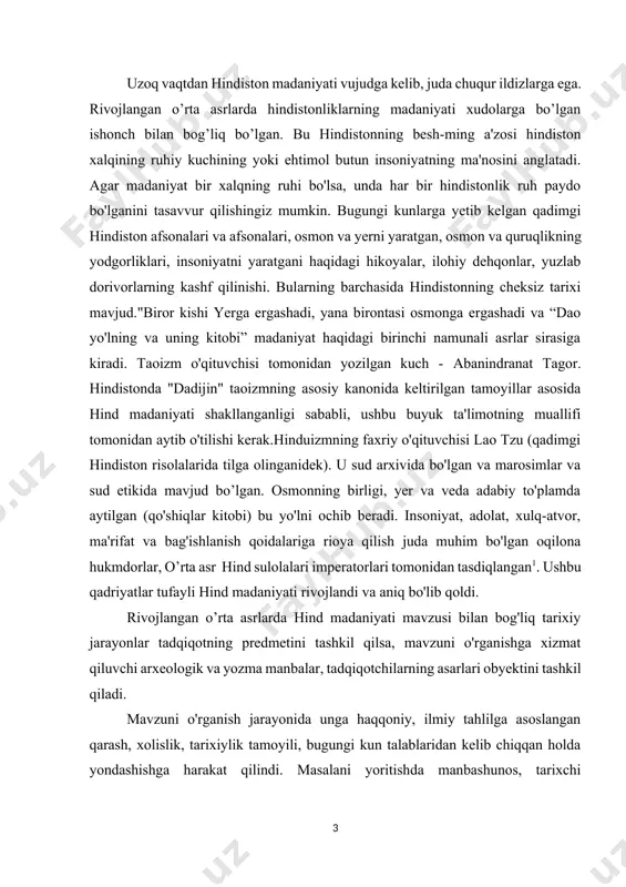 a xizmat qiluvchi arxeologik va yozma manbalar, tadqiqotchilarning asarlari obyektini tashkil qiladi. mavzuni o'rganish jarayonida unga haqqoniy, ilmiy tahlilga asoslangan qarash, xolislik, tarixiylik tamoyili, bugungi kun talablaridan kelib chiqqan holda yondashishga harakat qilindi. masalani yoritishda manbashunos, tarixchi olimlarning tarixiy-ilmiy yutuqlari, qarashlari, ilgari surilgan g'oyalar va fikrlari nazariy- uslubiy asos bo'lib xizmat qildi. o'rta asrlarda hindiston davlatining rivojlanish xususiyatlari. o‘rta asrlarda hindiston jamiyatining sekin va notekis rivojlanishi ushbu davlatni davrlarga bo‘lishni ancha murakkablashtiradi. qadimgi hindiston davridayoq feodal munosabatlarni eslatuvchi ba’zi institutlarni uchratish mumkin edi. masalan, hindistonda yirik xususiy yer egaligi, qa-ram dehqonlarning ekspluatatsiya qilinishi va hokazolar qadimgi davrda-yoq mavjud bo‘lgan. qulchilik esa nafaqat o‘rta asrlarda, balki undan keyin ham yo‘qolmagan.v-vii asrlar hindiston tarixida shartli ravishda o‘rta asrlarning bosh-lanish davri hisoblanadi. lekin bu vaqtda mamlakatning ijtimoiy-siyosiy tuzumida tubdan o‘zgarishlar yuz bermagan edi. masalan, qadimgi davrda-gi mauriylar imperiyasiga o‘xshagan yirik davlatlar tashkil topmagan edi. o‘rta asrlarda hindiston siyosiy jihatdan tarqoq bo‘lgan. u iv …