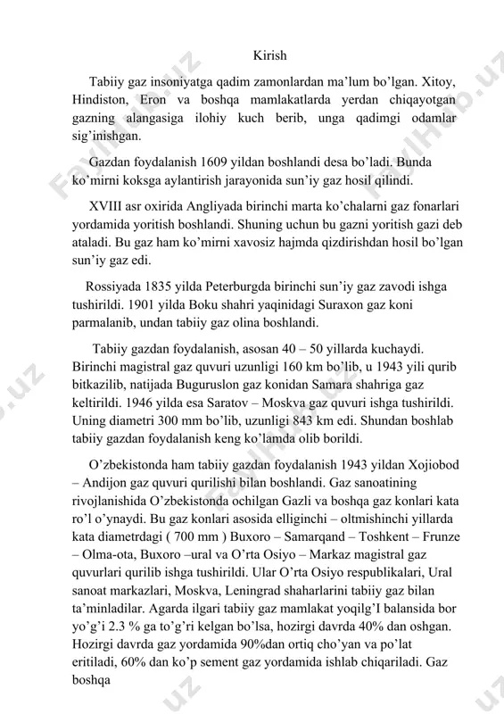 quvurlari qurilib ishga tushirildi. ular o’rta osiyo respublikalari, ural sanoat markazlari, moskva, leningrad shaharlarini tabiiy gaz bilan ta’minladilar. agarda ilgari tabiiy gaz mamlakat yoqilg’i balansida bor yo’g’i 2.3 % ga to’g’ri kelgan bo’lsa, hozirgi davrda 40% dan oshgan. hozirgi davrda gaz yordamida 90%dan ortiq cho’yan va po’lat eritiladi, 60% dan ko’p sement gaz yordamida ishlab chiqariladi. gaz boshqa yoqilg’ilarga qaraganda toza uzoq masofalarga oson uzatiladi, gaz ishlatiladigan hudud ozoda bo’ladi, zaxarli moddalar kam bo’ladi: gaz ishlatilish agregatlarining foydali ish koeffitsientlari kata bo’ladi. shuning uchun gazdan foydalanish tobora oshib bormoqda. o’zbekiston bo’yicha hozirgi davrda 40 mlrd. m3 dan ortiq tabiiy gaz qazib olinadi. asosiy konlar bo’lib muborak, sho’rtan va boshqa konlar hisoblanadi. har qanday gaz yoqilg’isi bir qancha oddiy gazlardan tashkil topgan bo’ladi. bu gazlar ikki qismga bo’linadi: yonuvchi gazlar va yonmaydigan gazlar. bu gazlar ikki qismga bo’linadi: yonuvchi gazlar va yonmaydigan gazlar. yonuvchi gazlar qatoriga vodorod h2, uglerod oksidi co,metan …